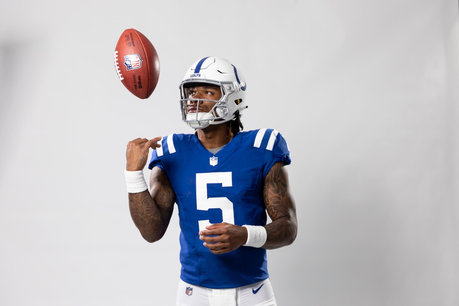 LOS ANGELES, CALIFORNIA - MAY 20: Anthony Richardson #5 of the Indianapolis Colts poses for a portrait during the NFLPA Rookie Premiere on May 20, 2023 in Los Angeles, California. (Photo by Michael Owens/Getty Images)