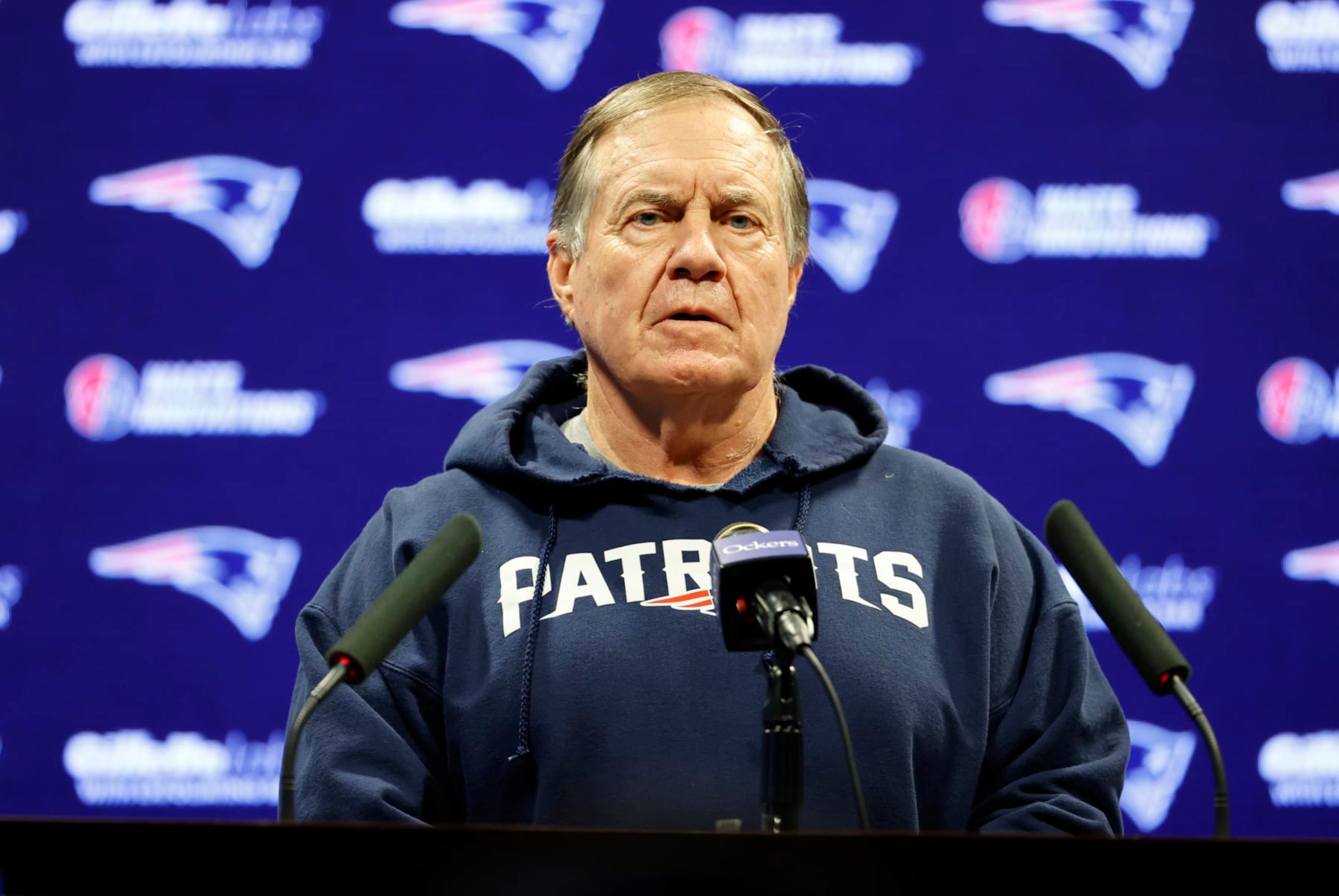 FOXBOROUGH, MA - MAY 31: New England Patriots head coach Bill Belichick before the first day of New England Patriots Optional Training Activities on May 31, 2023, at the Patriots Training Facility at Gillette Stadium in Foxborough, Massachusetts. (Photo by Fred Kfoury III/Icon Sportswire via Getty Images)
