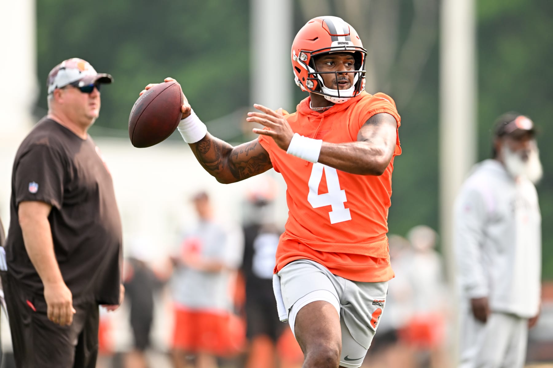 BEREA, OHIO - JUNE 06: Deshaun Watson #4 of the Cleveland Browns throws a pass during the Cleveland Browns mandatory veteran minicamp at CrossCountry Mortgage Campus on June 6, 2023 in Berea, Ohio. (Photo by Nick Cammett/Getty Images)