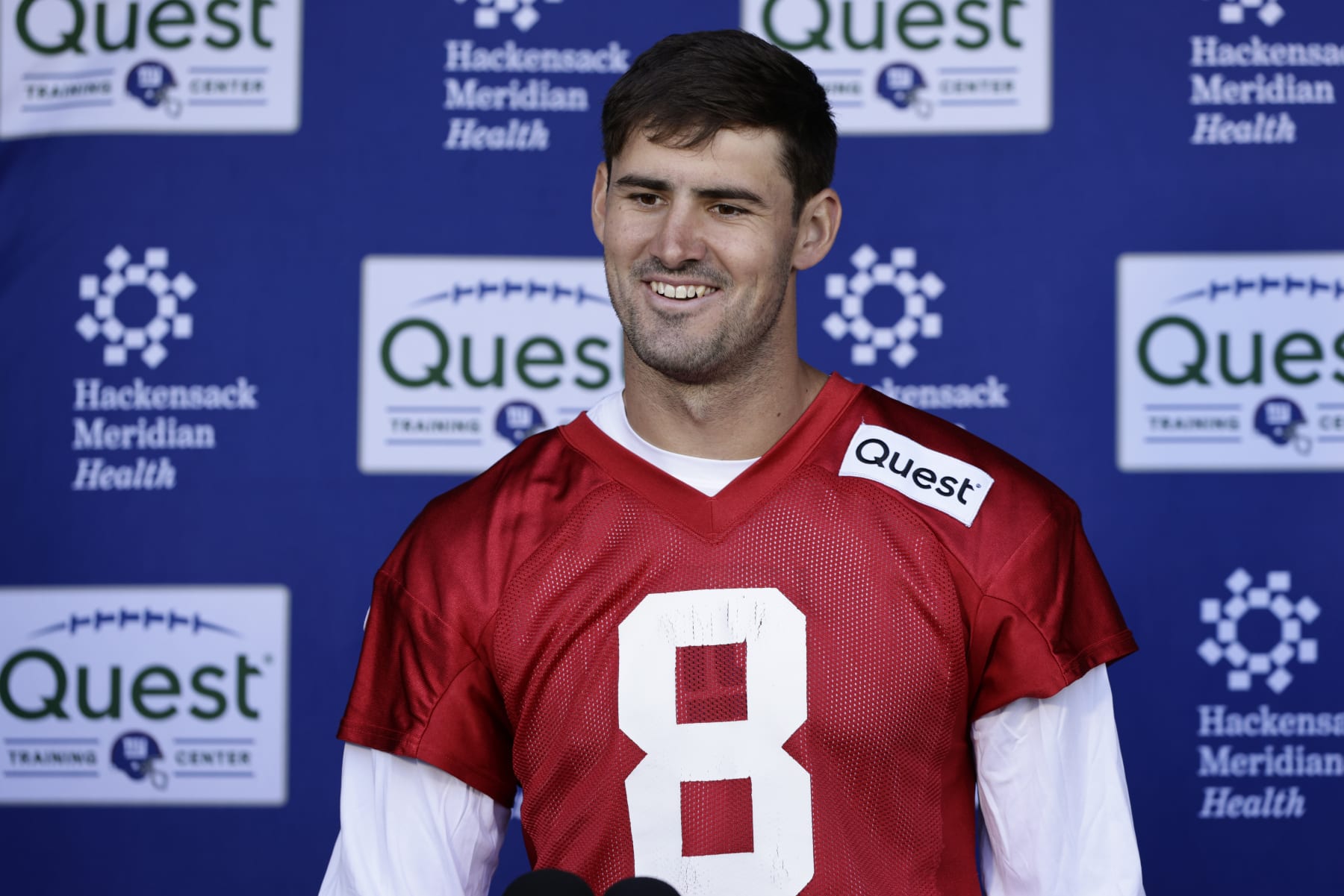 EAST RUTHERFORD, NEW JERSEY - MAY 25: Quarterback Daniel Jones #8 of the New York Giants talks to reporters after OTA's at Quest Diagnostics Center on May 25, 2023 in East Rutherford, New Jersey. (Photo by Rich Schultz/Getty Images)