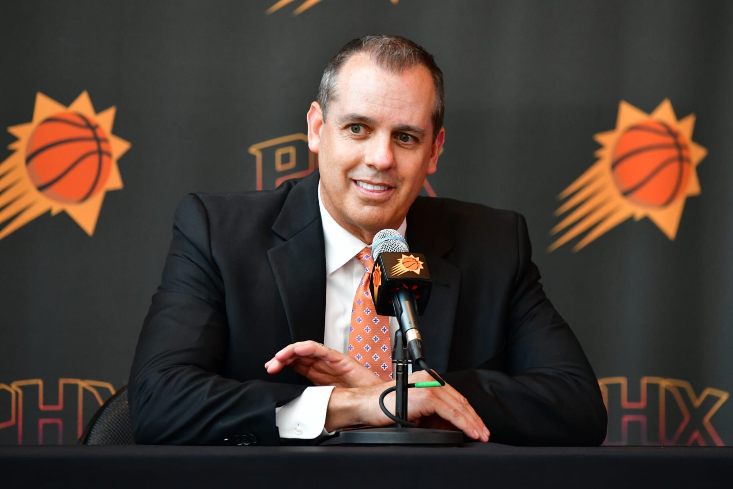 PHOENIX, AZ - JUNE 6: Frank Vogel talks to the media during his introductory press conference on June 6, 2023, at the Footprint Center in Phoenix, Arizona. NOTE TO USER: User expressly acknowledges and agrees that, by downloading and or using this Photograph, user is consenting to the terms and conditions of the Getty Images License Agreement. Mandatory Copyright Notice: Copyright 2023 NBAE (Photo by Barry Gossage/NBAE via Getty Images)