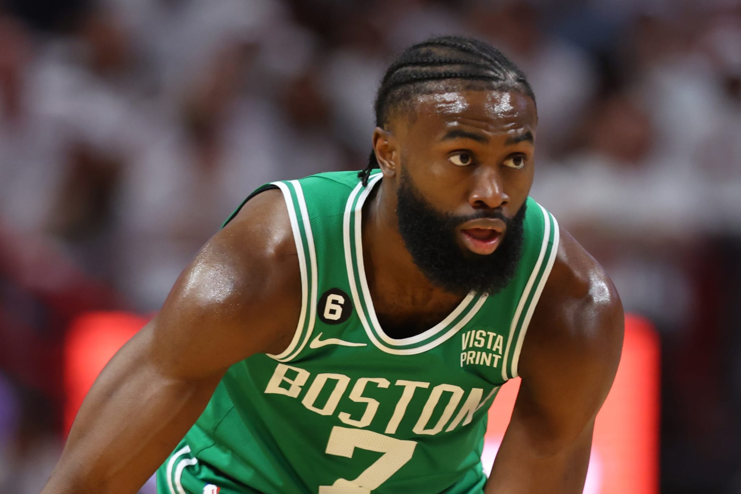 MIAMI, FLORIDA - MAY 27: Jaylen Brown #7 of the Boston Celtics looks on against the Miami Heat during the first quarter in game six of the Eastern Conference Finals at Kaseya Center on May 27, 2023 in Miami, Florida. NOTE TO USER: User expressly acknowledges and agrees that, by downloading and or using this photograph, User is consenting to the terms and conditions of the Getty Images License Agreement. (Photo by Mike Ehrmann/Getty Images)