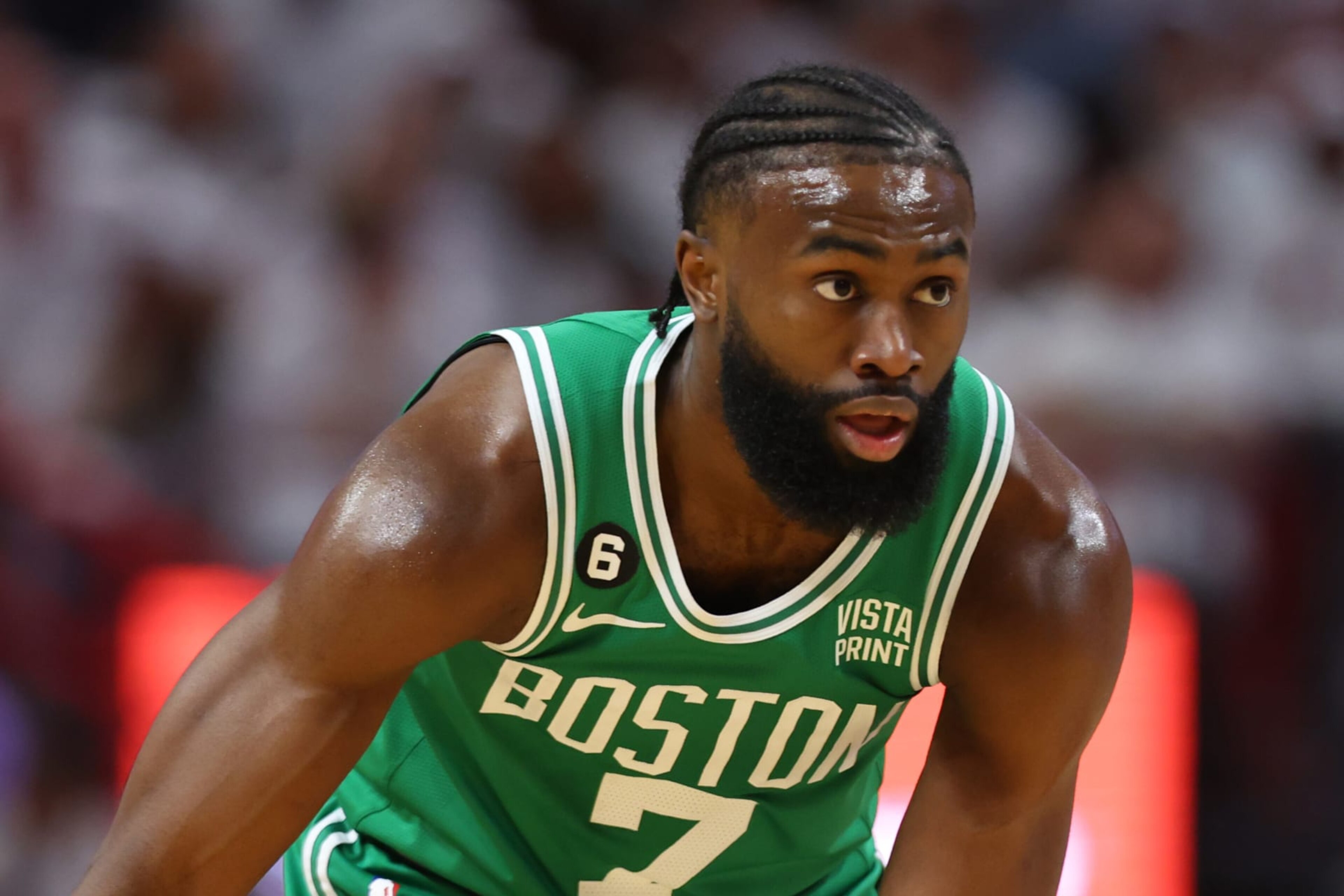 MIAMI, FLORIDA - MAY 27: Jaylen Brown #7 of the Boston Celtics looks on against the Miami Heat during the first quarter in game six of the Eastern Conference Finals at Kaseya Center on May 27, 2023 in Miami, Florida. NOTE TO USER: User expressly acknowledges and agrees that, by downloading and or using this photograph, User is consenting to the terms and conditions of the Getty Images License Agreement. (Photo by Mike Ehrmann/Getty Images)
