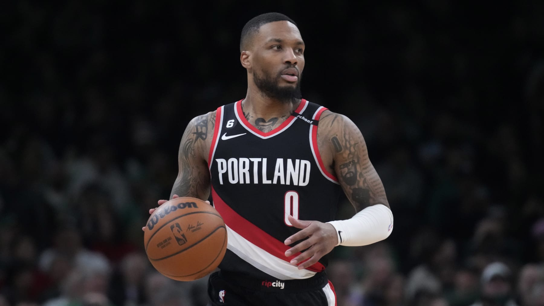 Portland Trail Blazers forward Damian Lillard during an NBA basketball game, Wednesday, March 8, 2023, in Boston. (AP Photo/Charles Krupa)