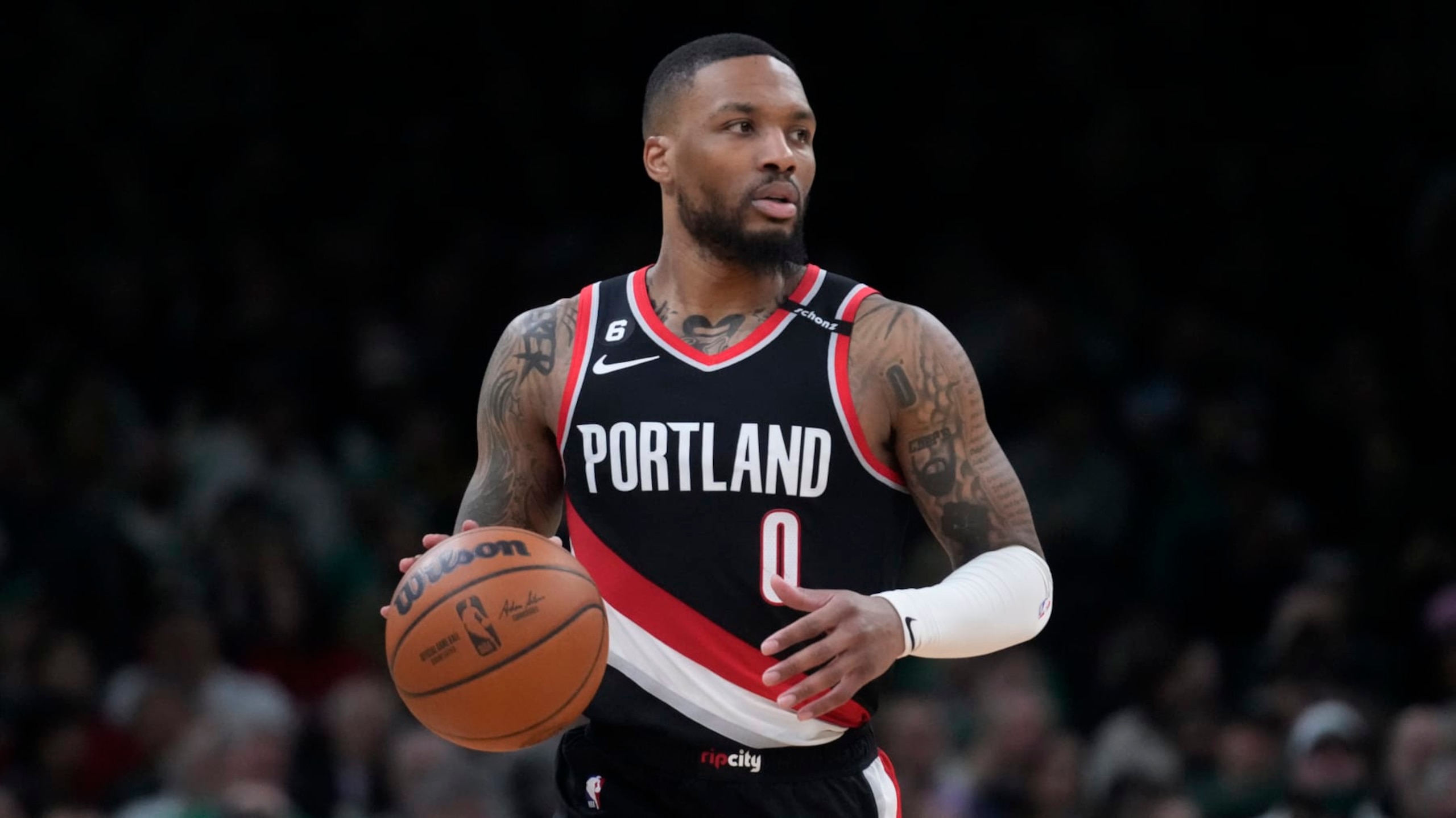 Portland Trail Blazers forward Damian Lillard during an NBA basketball game, Wednesday, March 8, 2023, in Boston. (AP Photo/Charles Krupa) Portland Trail Blazers forward Damian Lillard during an NBA basketball game, Wednesday, March 8, 2023, in Boston. (AP Photo/Charles Krupa)