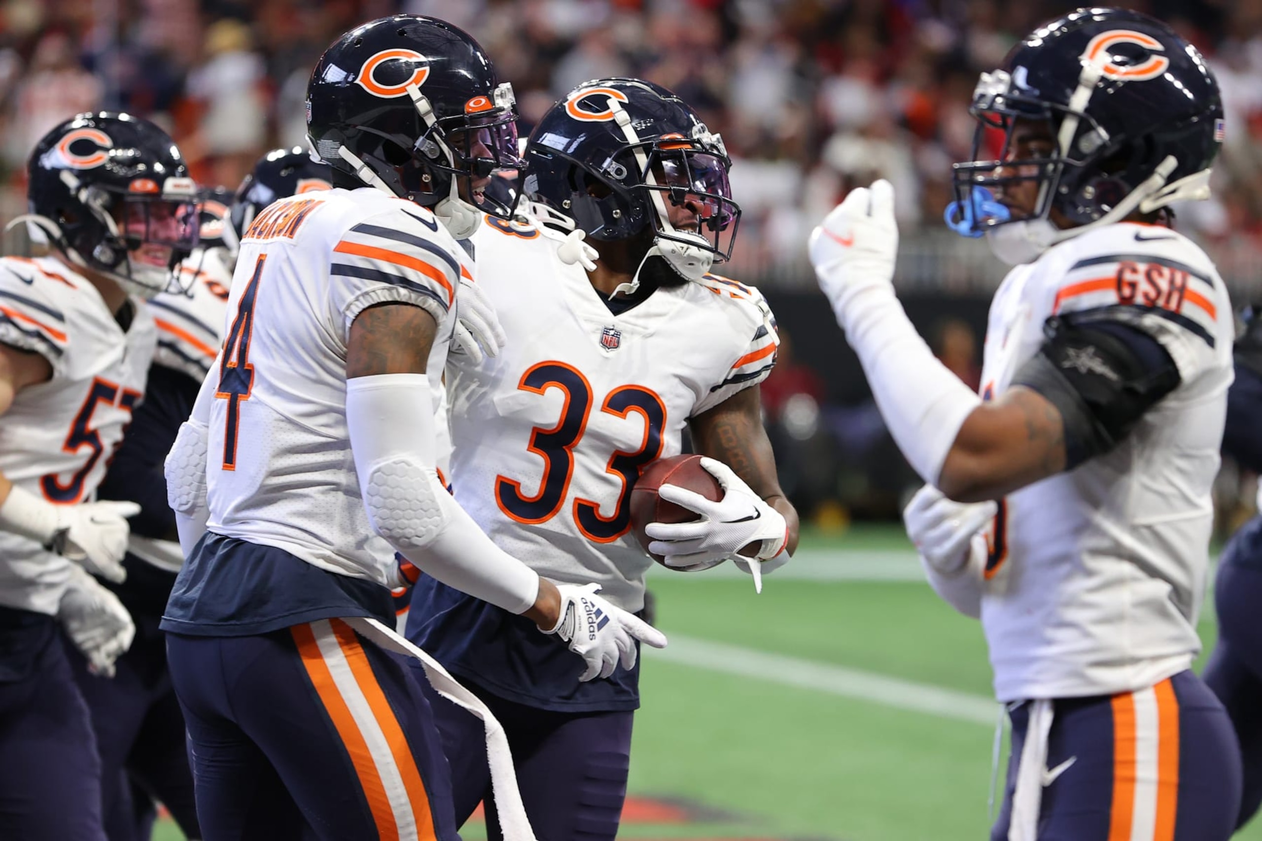 ATLANTA, GEORGIA - NOVEMBER 20: Jaylon Johnson #33 of the Chicago Bears reacts after recovering a fumble during the second quarter against the Atlanta Falcons at Mercedes-Benz Stadium on November 20, 2022 in Atlanta, Georgia. (Photo by Kevin C. Cox/Getty Images)