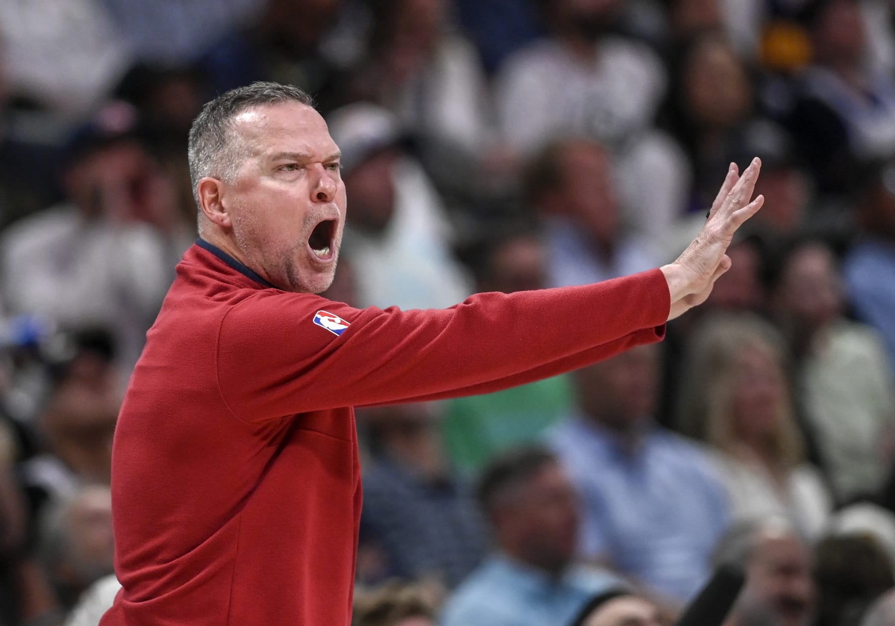 DENVER, CO - MAY 18: Denver Nuggets head coach Michael Malone screams after Jarred Vanderbilt (2) of the Los Angeles Lakers defended Michael Porter Jr. (1) physically at the basket forcing a miss during the first quarter at Ball Arena in Denver on Thursday, May 18, 2023. (Photo by AAron Ontiveroz/The Denver Post)