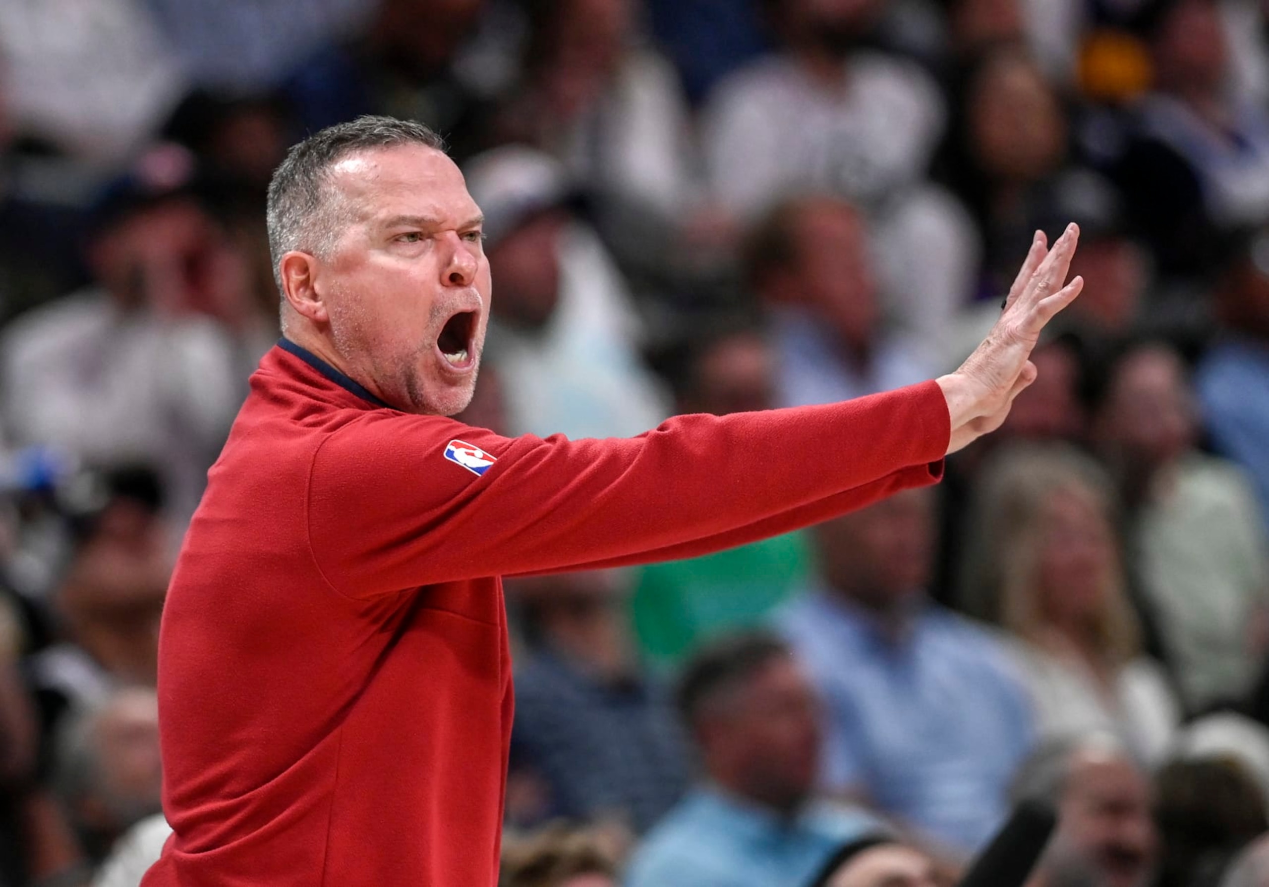 DENVER, CO - MAY 18: Denver Nuggets head coach Michael Malone screams after Jarred Vanderbilt (2) of the Los Angeles Lakers defended Michael Porter Jr. (1) physically at the basket forcing a miss during the first quarter at Ball Arena in Denver on Thursday, May 18, 2023. (Photo by AAron Ontiveroz/The Denver Post)