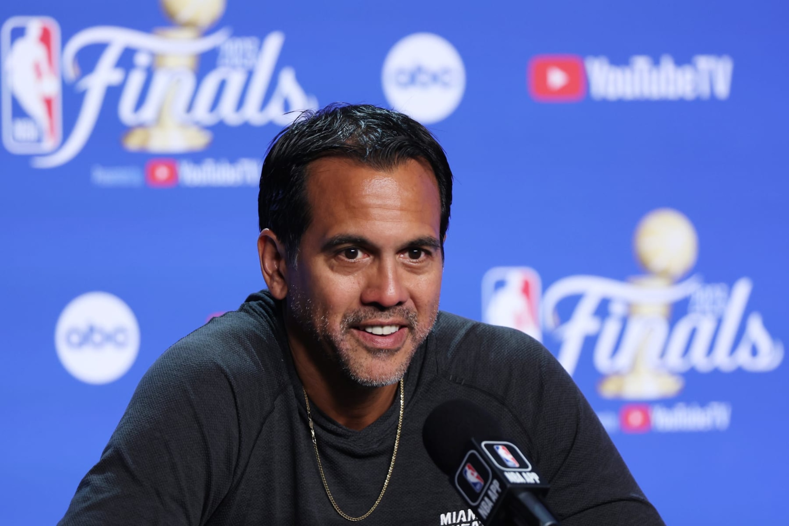 MIAMI, FL - JUNE 6: Head Coach Erik Spoelstra of the Miami Heat speaks to the media during 2023 NBA Finals Practice and Media Availability on June 6, 2023 at the Kaseya Center in Miami, Florida. NOTE TO USER: User expressly acknowledges and agrees that, by downloading and/or using this Photograph, user is consenting to the terms and conditions of the Getty Images License Agreement. Mandatory Copyright Notice: Copyright 2023 NBAE (Photo by Joe Murphy/NBAE via Getty Images)