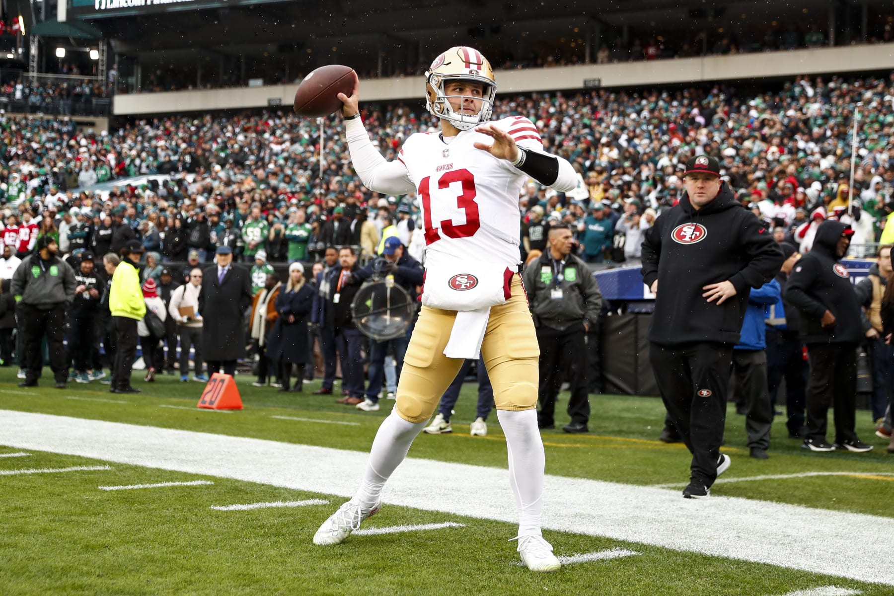 PHILADELPHIA, PA - JANUARY 29: Brock Purdy #13 of the San Francisco 49ers warms up prior to the NFC Championship NFL football game against the Philadelphia Eagles at Lincoln Financial Field on January 29, 2023 in Philadelphia, Pennsylvania. (Photo by Kevin Sabitus/Getty Images)