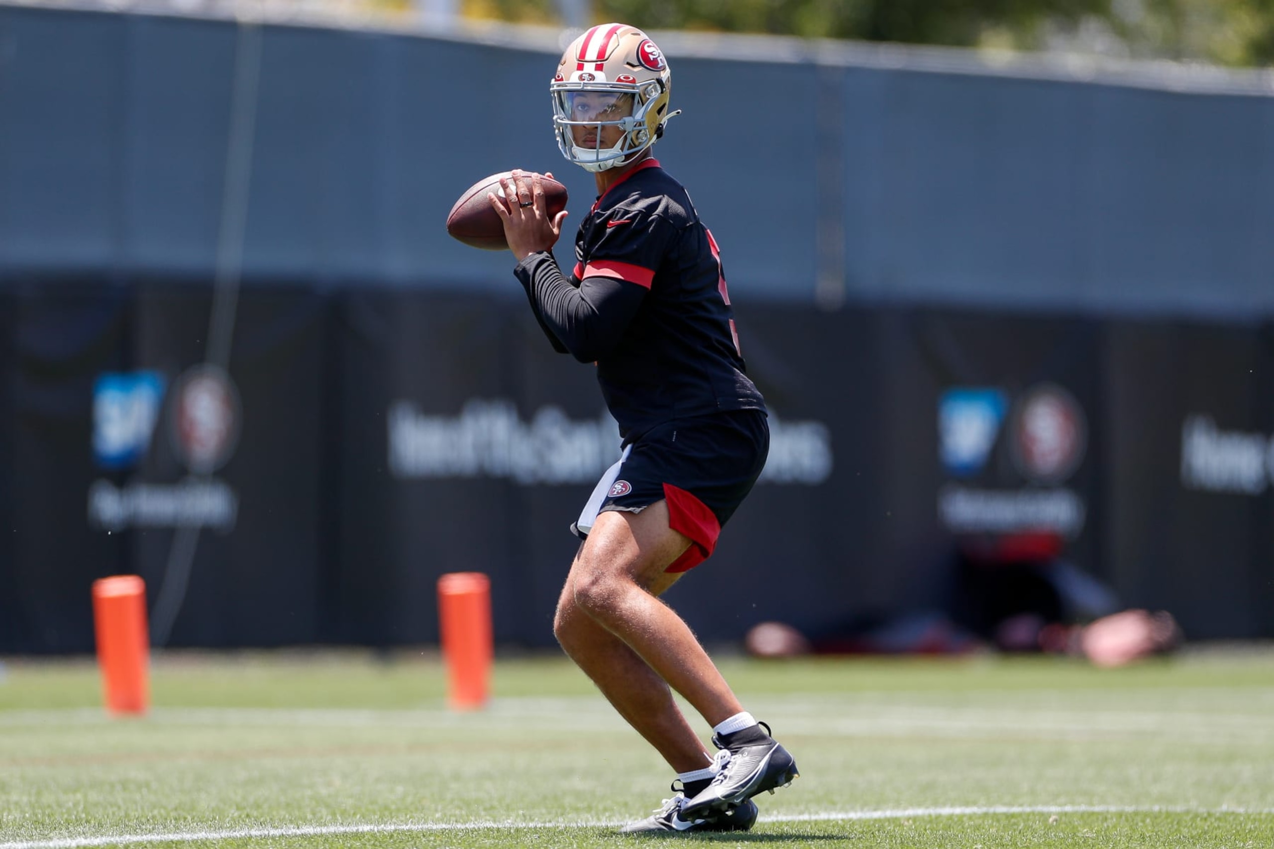 SANTA CLARA, CA - MAY 31: San Francisco 49ers quarterback Trey Lance (5) takes part in a drill during the team's OTA practice on May 31, 2023, at the SAP Performance Facility in Santa Clara, CA. (Photo by Brandon Sloter/Icon Sportswire via Getty Images) SANTA CLARA, CA - MAY 31: San Francisco 49ers quarterback Trey Lance (5) takes part in a drill during the team's OTA practice on May 31, 2023, at the SAP Performance Facility in Santa Clara, CA. (Photo by Brandon Sloter/Icon Sportswire via Getty Images)