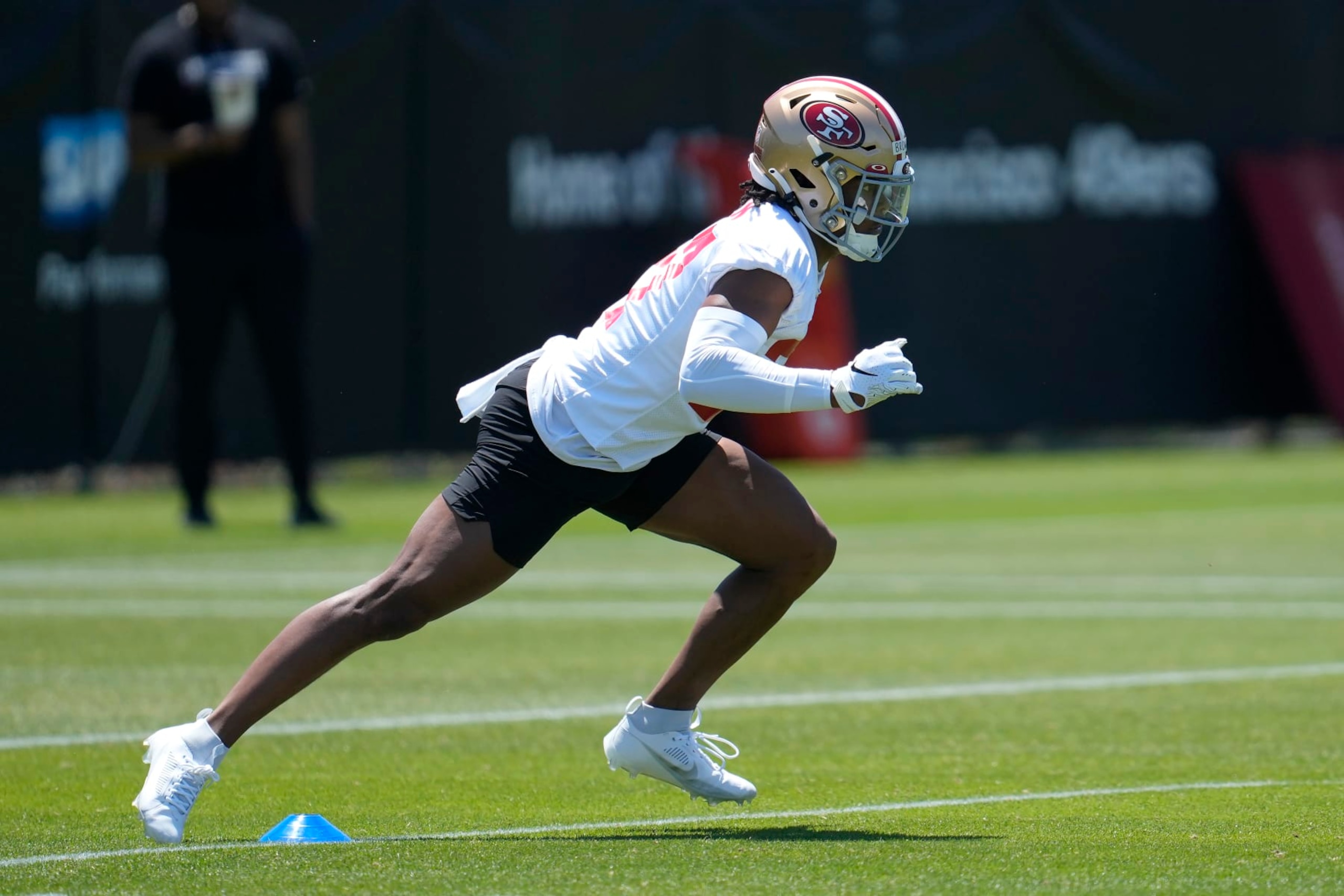 San Francisco 49ers' Ji'Ayir Brown takes part in an NFL football rookie minicamp session in Santa Clara, Calif., Friday, May 12, 2023. (AP Photo/Jeff Chiu) San Francisco 49ers' Ji'Ayir Brown takes part in an NFL football rookie minicamp session in Santa Clara, Calif., Friday, May 12, 2023. (AP Photo/Jeff Chiu)