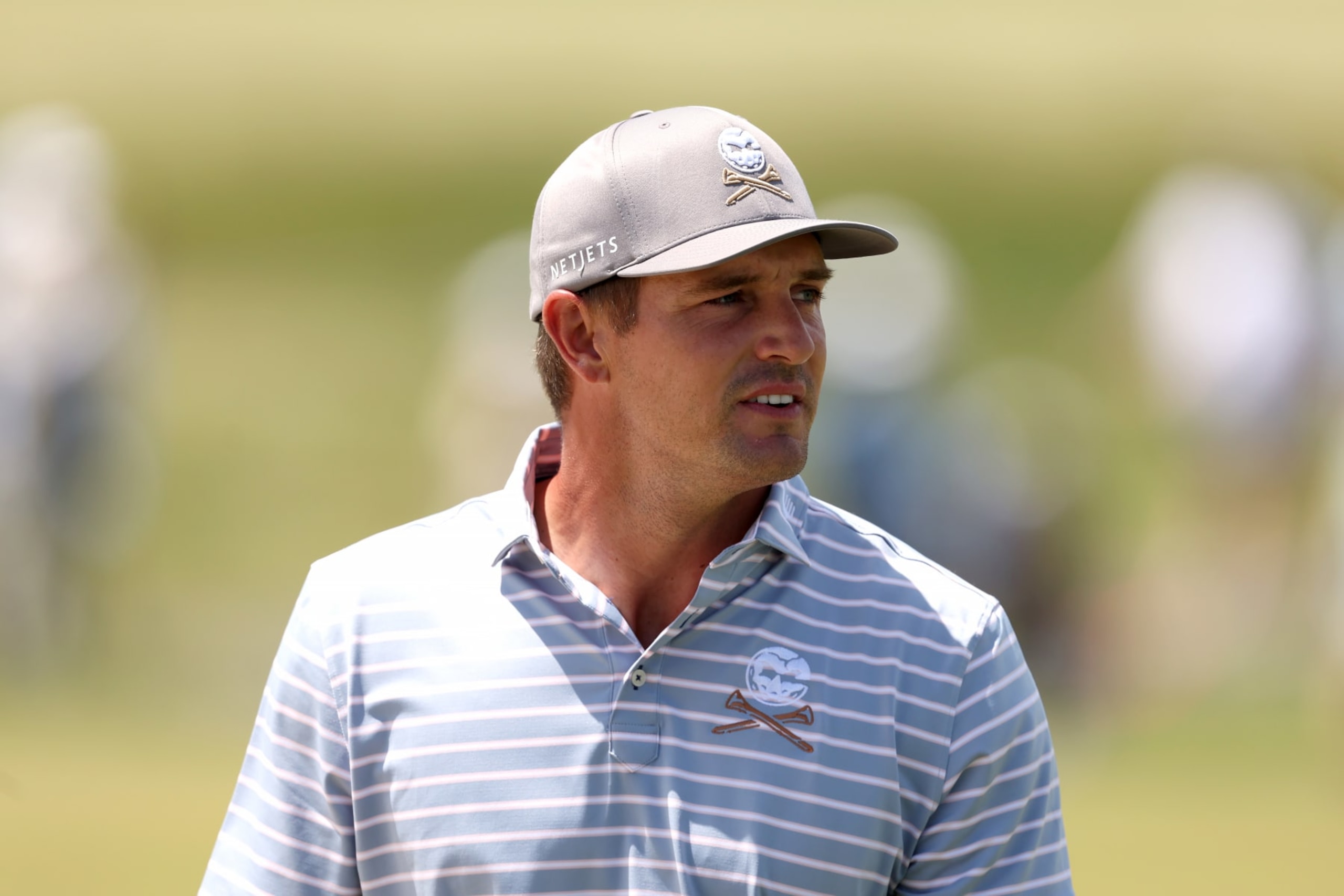 STERLING, VIRGINIA - MAY 27: Bryson DeChambeau of Crushers GC looks on while walking to the 18th green during day two of the LIV Golf Invitational - DC at Trump National Golf Club on May 27, 2023 in Sterling, Virginia. (Photo by Rob Carr/Getty Images)