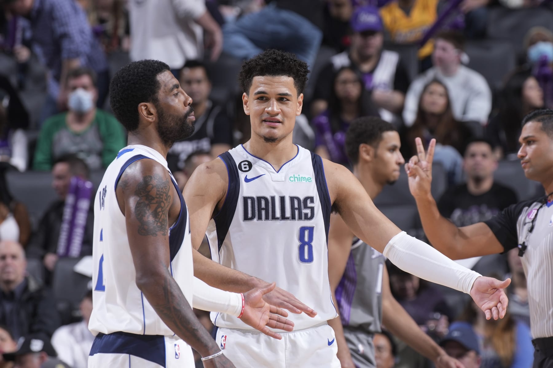 SACRAMENTO, CA - FEBRUARY 10: Kyrie Irving #2 and Josh Green #8 of the Dallas Mavericks talk on during the game against the Sacramento Kings on February 10, 2023 at Golden 1 Center in Sacramento, California. NOTE TO USER: User expressly acknowledges and agrees that, by downloading and or using this photograph, User is consenting to the terms and conditions of the Getty Images Agreement. Mandatory Copyright Notice: Copyright 2023 NBAE (Photo by Rocky Widner/NBAE via Getty Images)