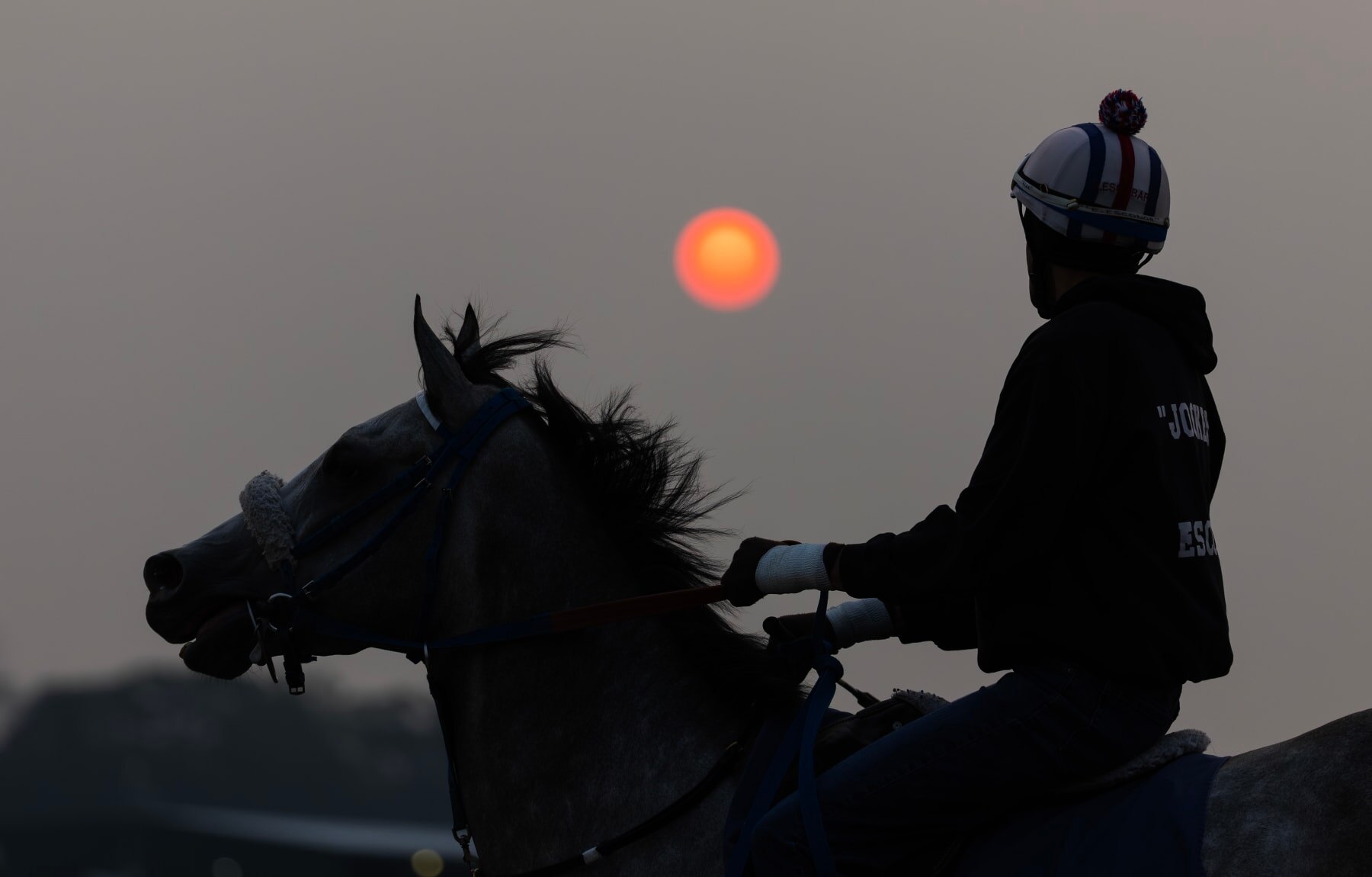 ELMONT, NEW YORK - JUNE 07:  An exercise Rider and horse train at sunrise during a morning workout prior to the 155th running of the Belmont Stakes at Belmont Park on June 07, 2023 in Elmont, New York. (Photo by Al Bello/Getty Images)