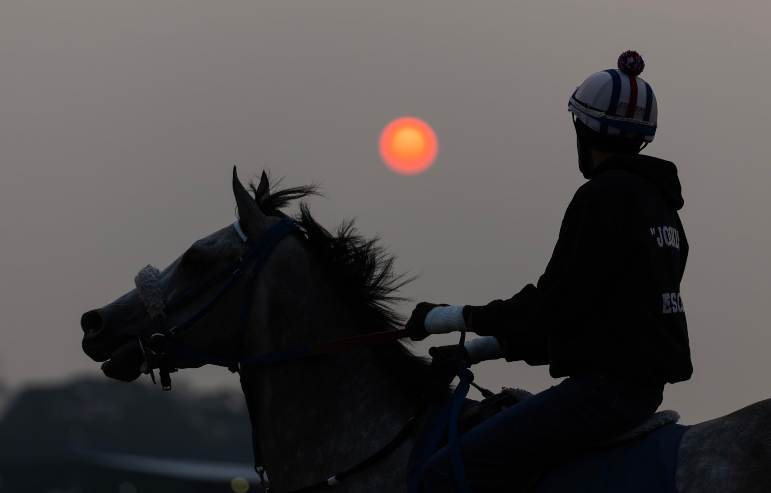 ELMONT, NEW YORK - JUNE 07:  An exercise Rider and horse train at sunrise during a morning workout prior to the 155th running of the Belmont Stakes at Belmont Park on June 07, 2023 in Elmont, New York. (Photo by Al Bello/Getty Images)