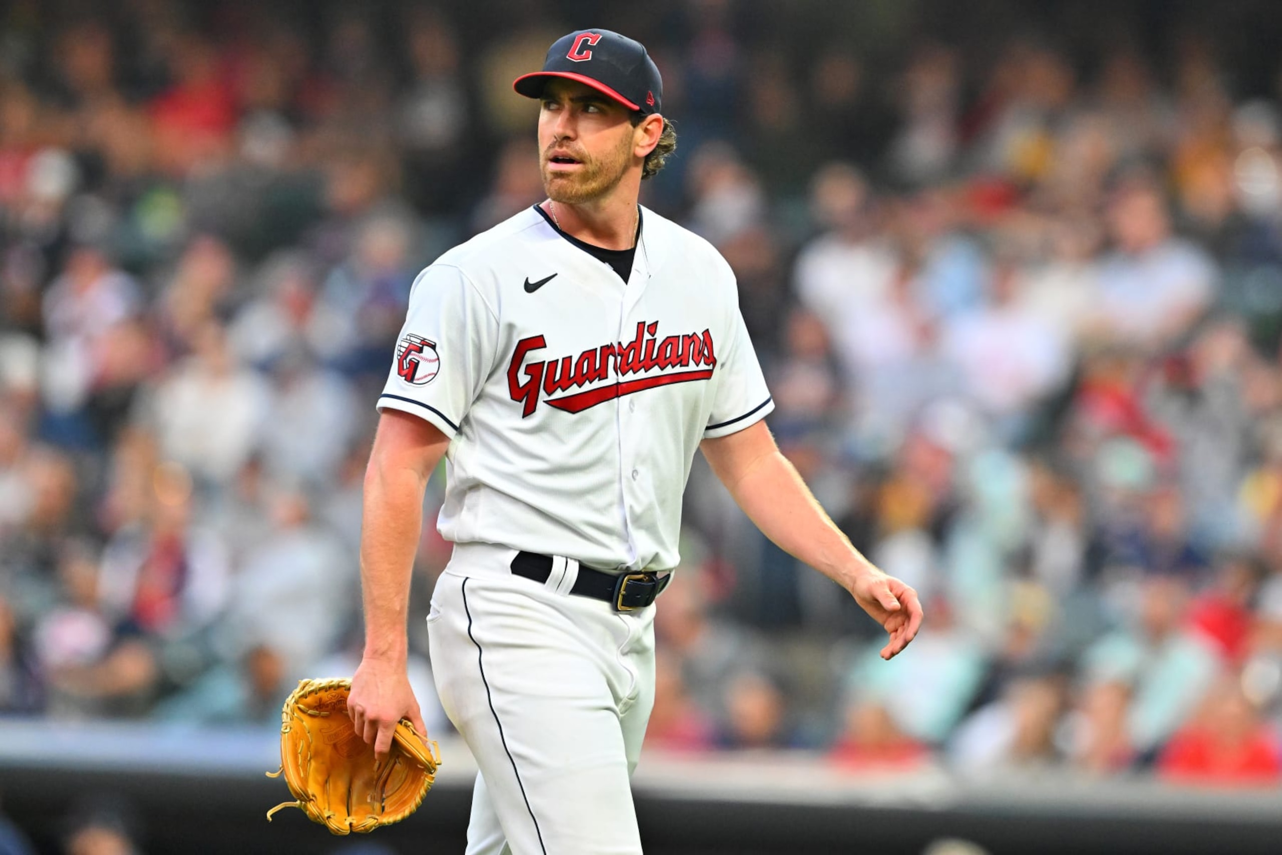 CLEVELAND, OHIO - JUNE 06: Shane Bieber #57 of the Cleveland Guardians reacts as he leaves the game during the sixth inning against the Boston Red Sox at Progressive Field on June 06, 2023 in Cleveland, Ohio. (Photo by Jason Miller/Getty Images)