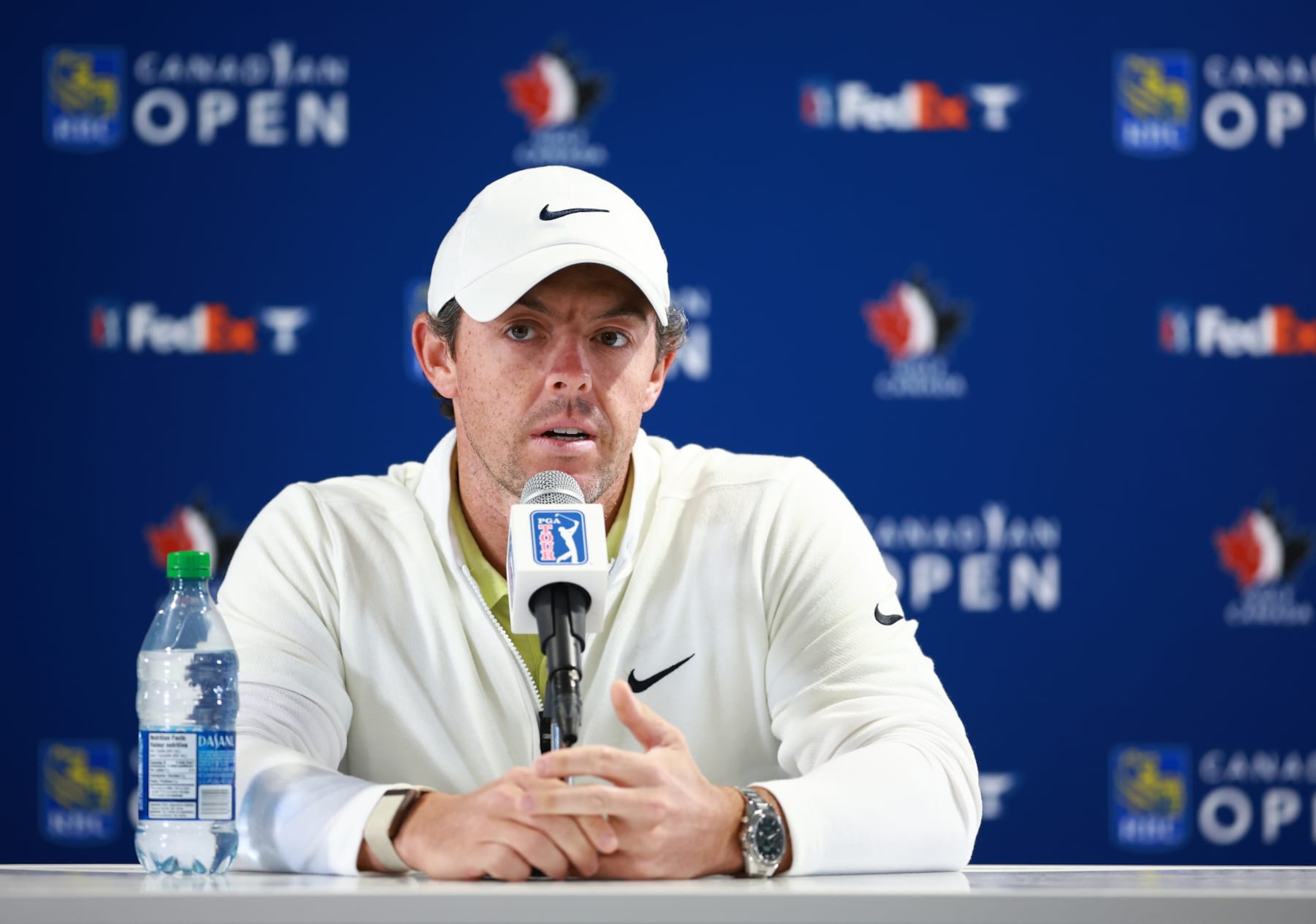 TORONTO, CANADA - JUNE 07:  Rory McIlroy of Northern Ireland speaks to the media after playing in the Pro-Am of the RBC Canadian Open at Oakdale Golf and Country Club on June 07, 2023 in Toronto, Ontario, Canada.  (Photo by Vaughn Ridley/Getty Images)