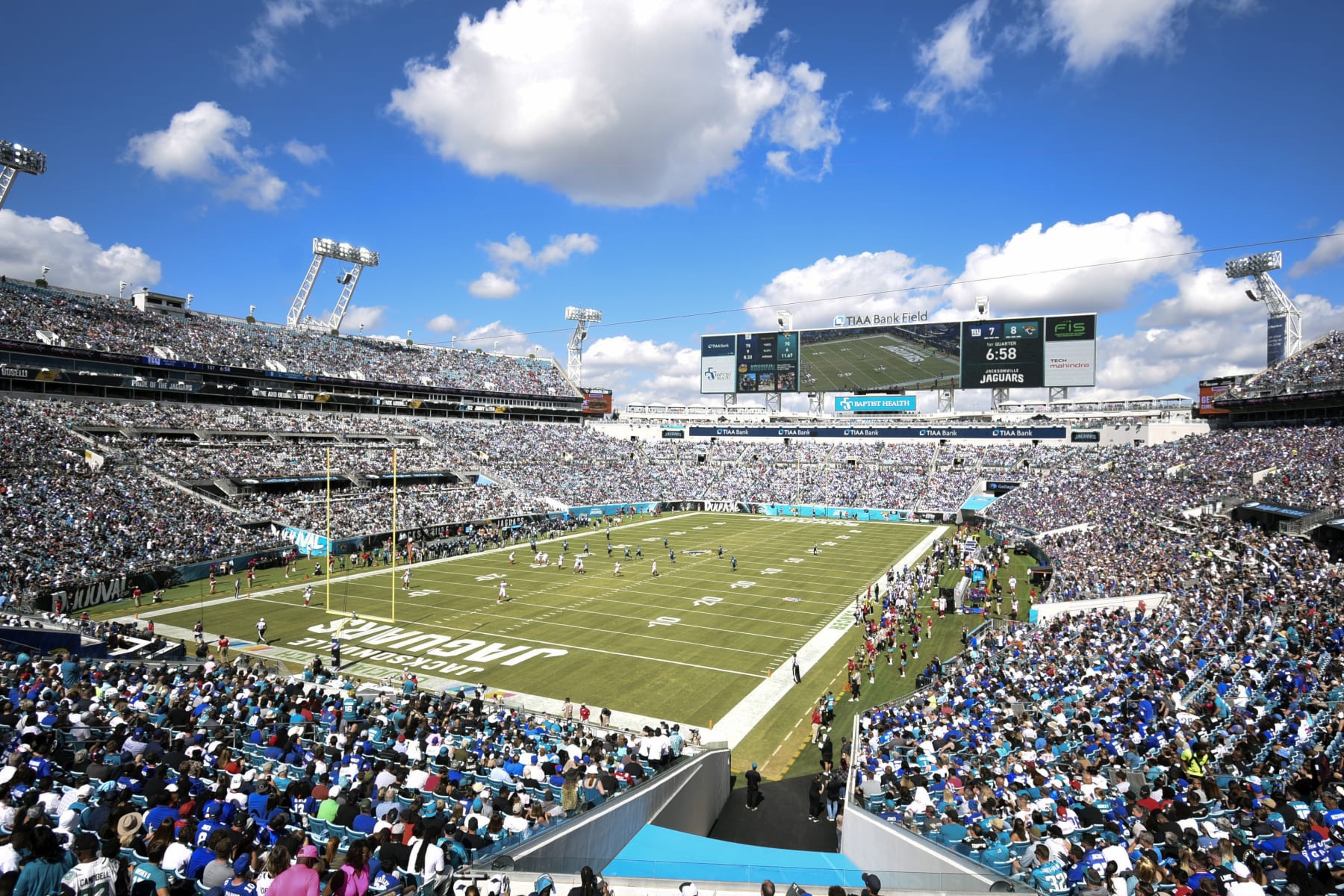 The Jacksonville Jaguars take on the New York Giants at TIAA Bank Field during the first half of an NFL football game, Sunday, Oct. 23, 2022, in Jacksonville, Fla. (AP Photo/Cindy Marshall)