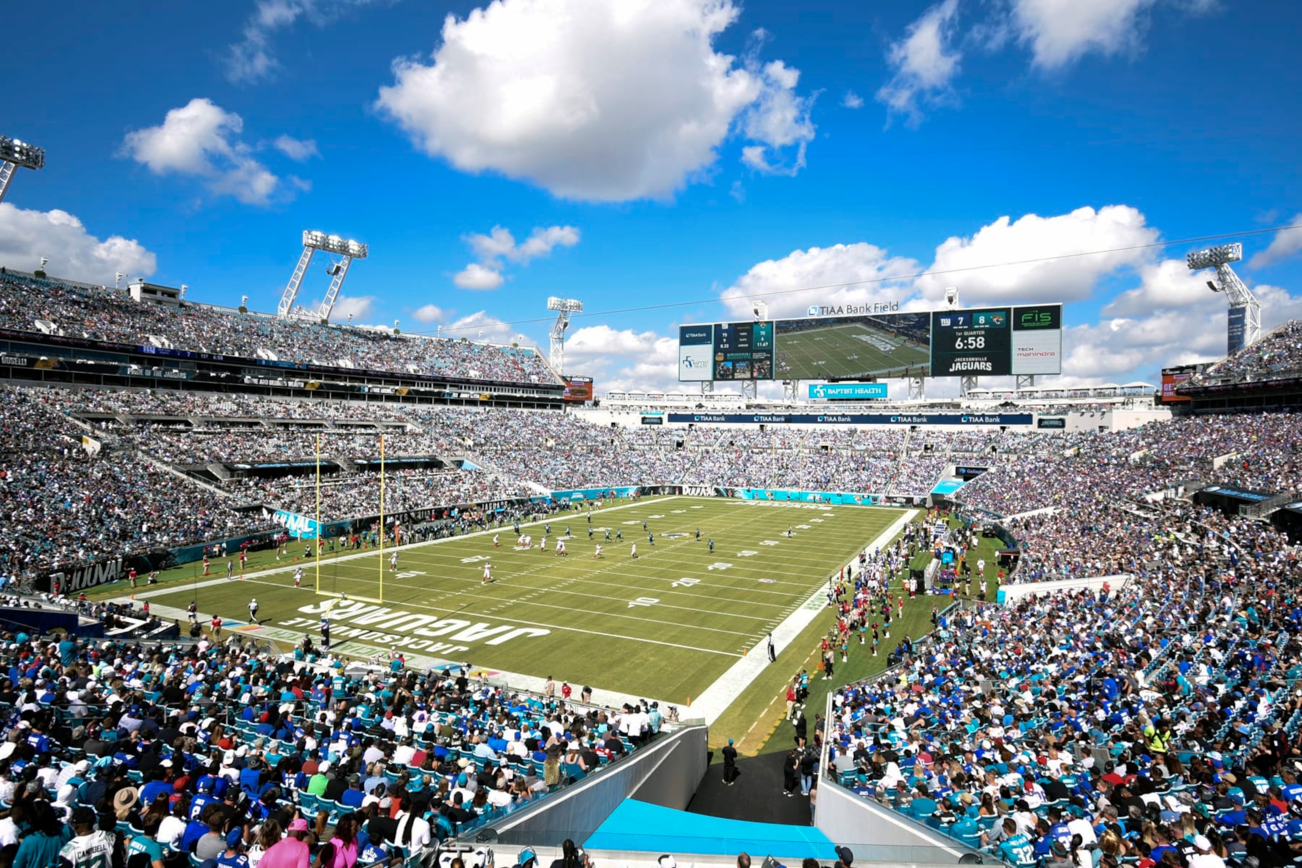 The Jacksonville Jaguars take on the New York Giants at TIAA Bank Field during the first half of an NFL football game, Sunday, Oct. 23, 2022, in Jacksonville, Fla. (AP Photo/Cindy Marshall)