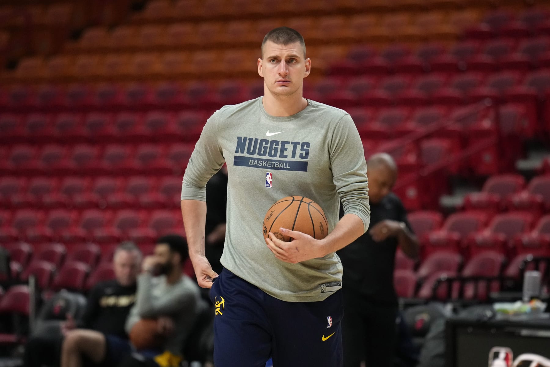MIAMI, FL - JUNE 6: Nikola Jokic of the Denver Nuggets warms up during 2023 NBA Finals Practice and Media Availability on June 6, 2023 at the Kaseya Center in Miami, Florida. NOTE TO USER: User expressly acknowledges and agrees that, by downloading and/or using this Photograph, user is consenting to the terms and conditions of the Getty Images License Agreement. Mandatory Copyright Notice: Copyright 2023 NBAE (Photo by Jesse D. Garrabrant/NBAE via Getty Images)