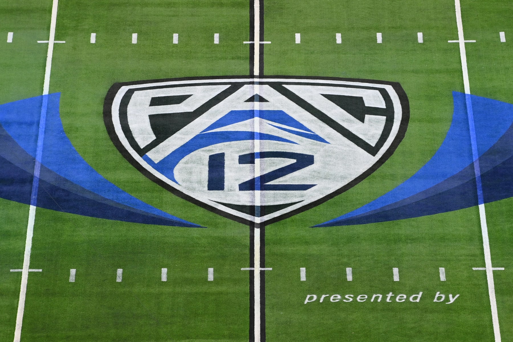 LAS VEGAS, NV - DECEMBER 02: A view of the Pac-12 logo on the field before the Pac-12 Conference championship game between the Utah Utes and the USC Trojans at Allegiant Stadium on December 2, 2022 in Las Vegas, Nevada. (Photo by Brian Rothmuller/Icon Sportswire via Getty Images)