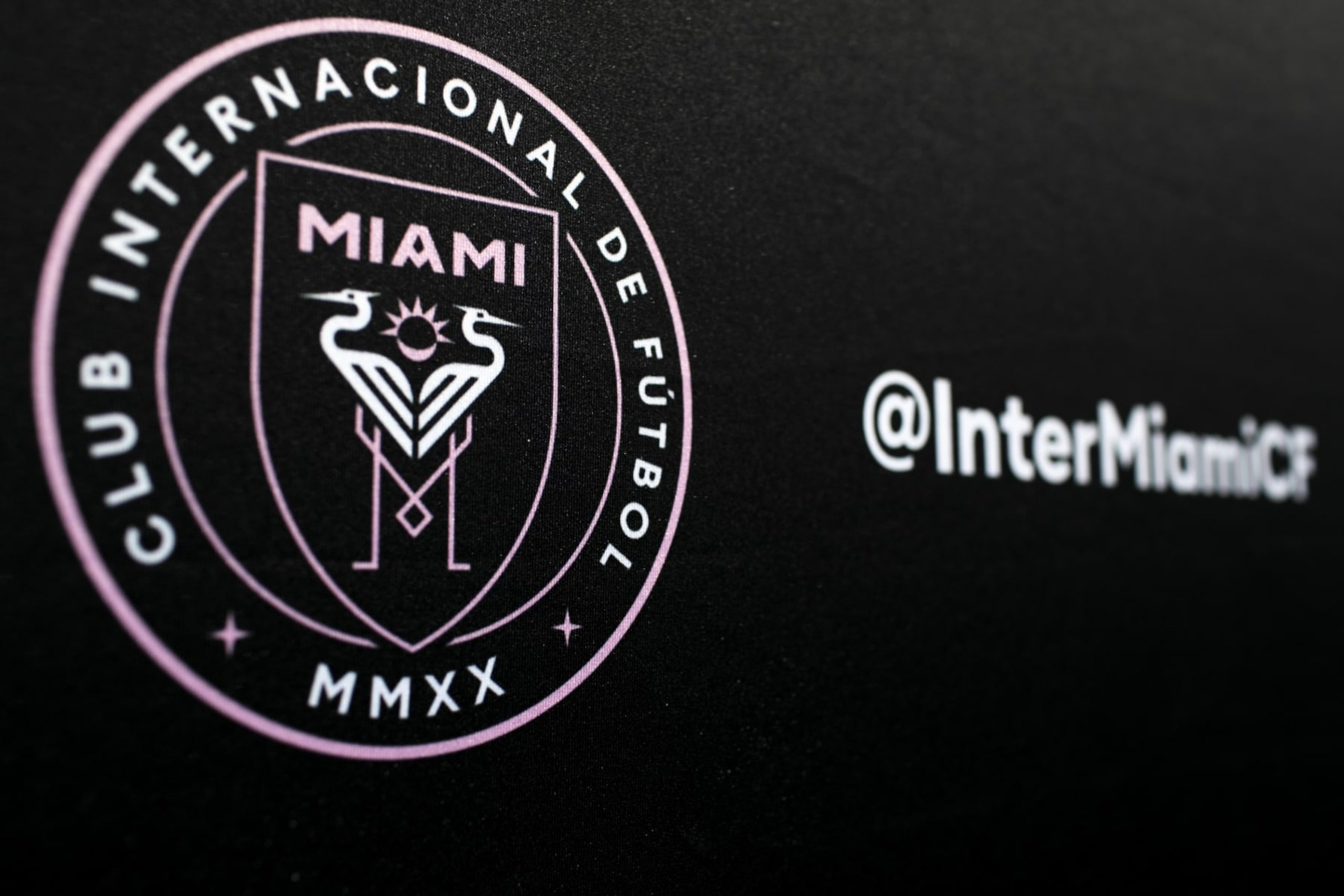 MIAMI, USA - JANUARY 21 : The logo of Inter Miami CF is seen during a news conference at Barry University in Miami, Florida, United States on January 21, 2020. (Photo by Marco Bello/Anadolu Agency via Getty Images)