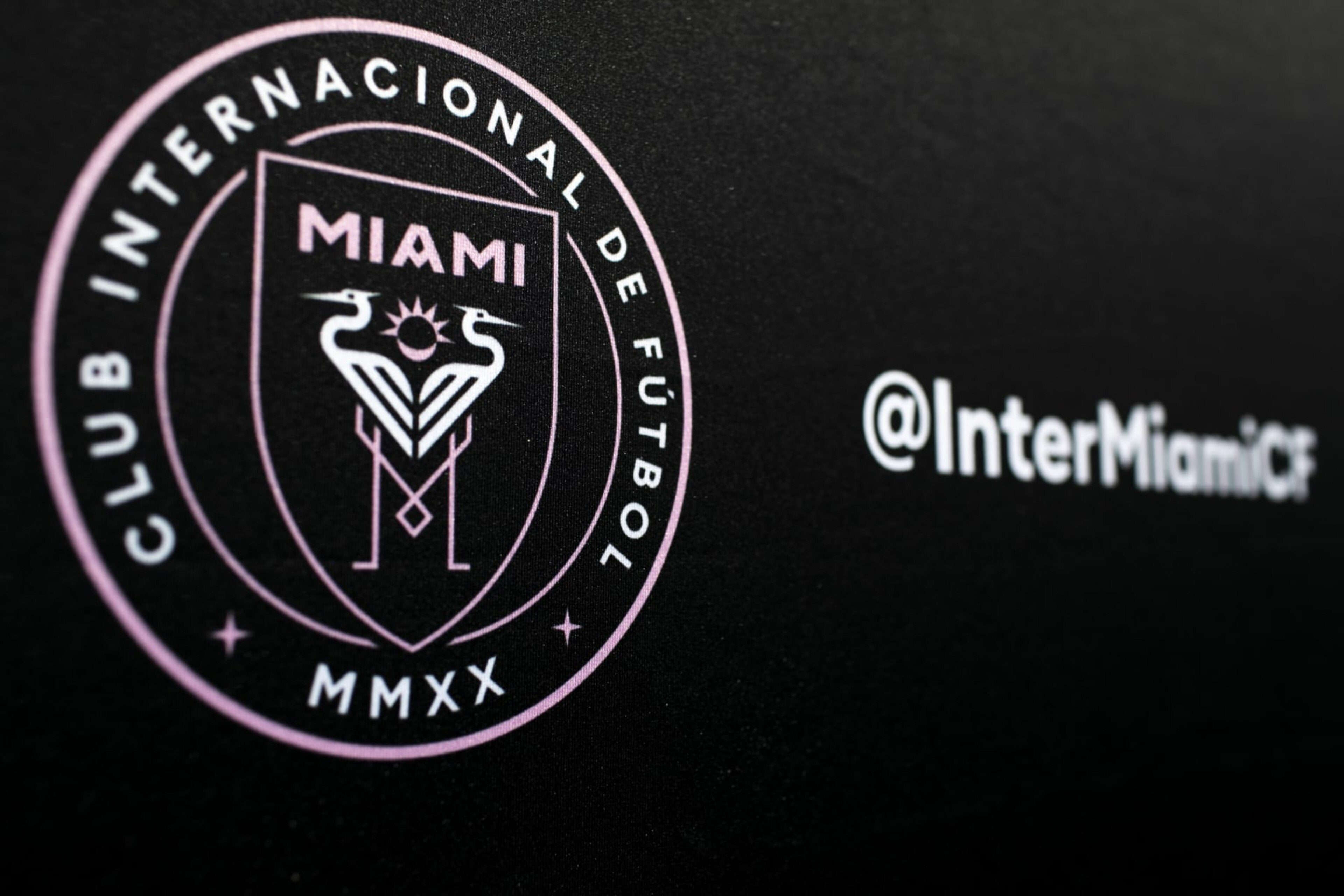 MIAMI, USA - JANUARY 21 : The logo of Inter Miami CF is seen during a news conference at Barry University in Miami, Florida, United States on January 21, 2020. (Photo by Marco Bello/Anadolu Agency via Getty Images)