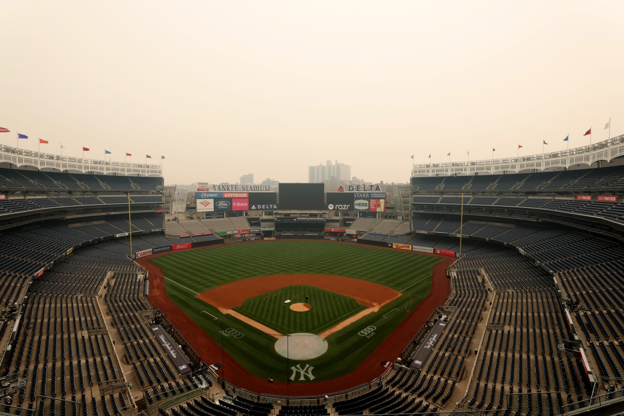 NEW YORK, NY - JUNE 7: A general view of hazy conditions resulting from Canadian wildfires at Yankee Stadium before the game between the Chicago White Sox and the New York Yankees on June 7, 2023, in New York, New York. (Photo by New York Yankees/Getty Images)