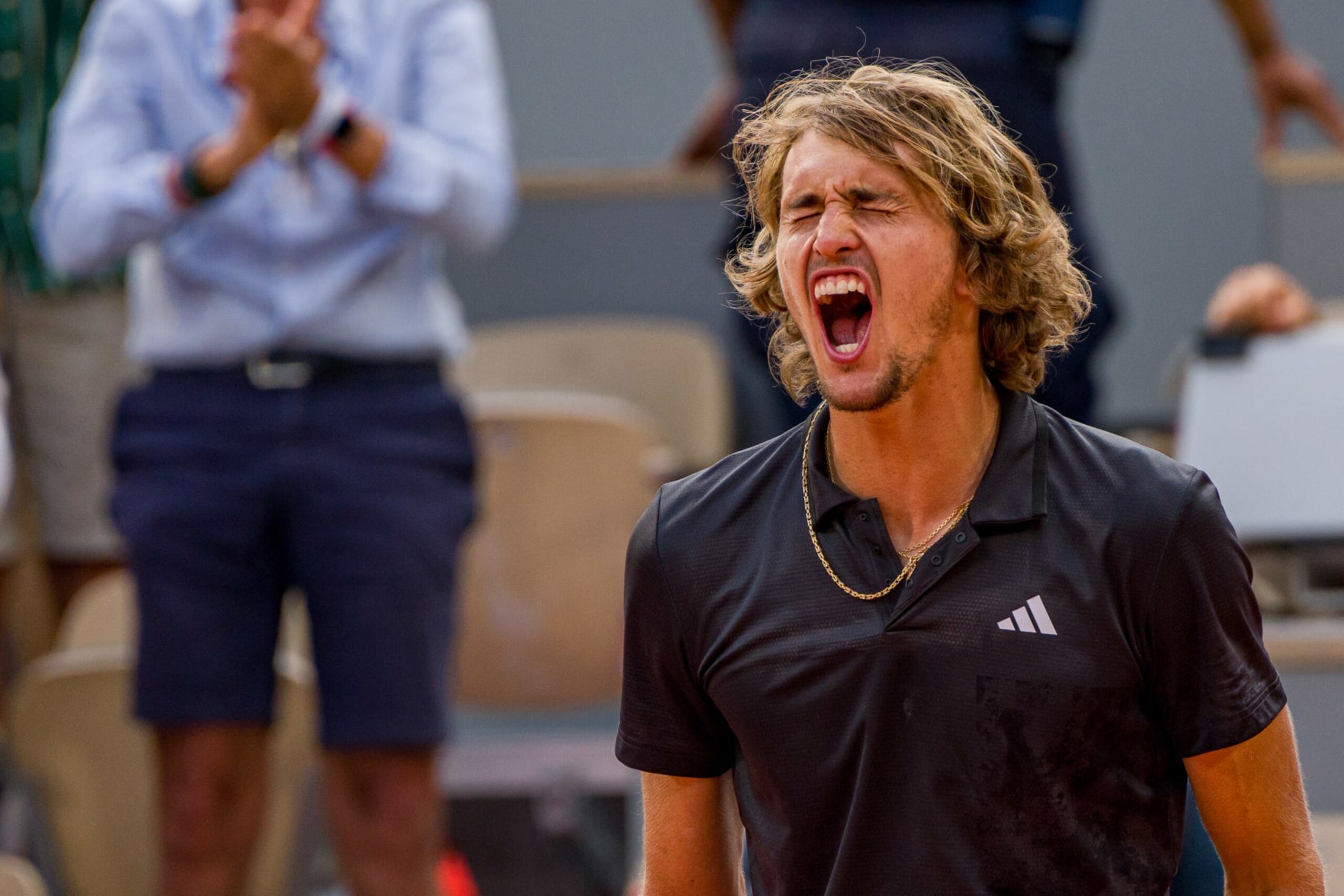 PARIS, FRANCE - JUNE 07: Alexander Zverev of Germany celebrates victory during the Men's Singles Quarter Final Round Match against Tomas Martin Etcheverry of Argentina during Day 11 of the French Open at Roland Garros on June 7, 2023 in Paris, France. (Photo by Andy Cheung/Getty Images)