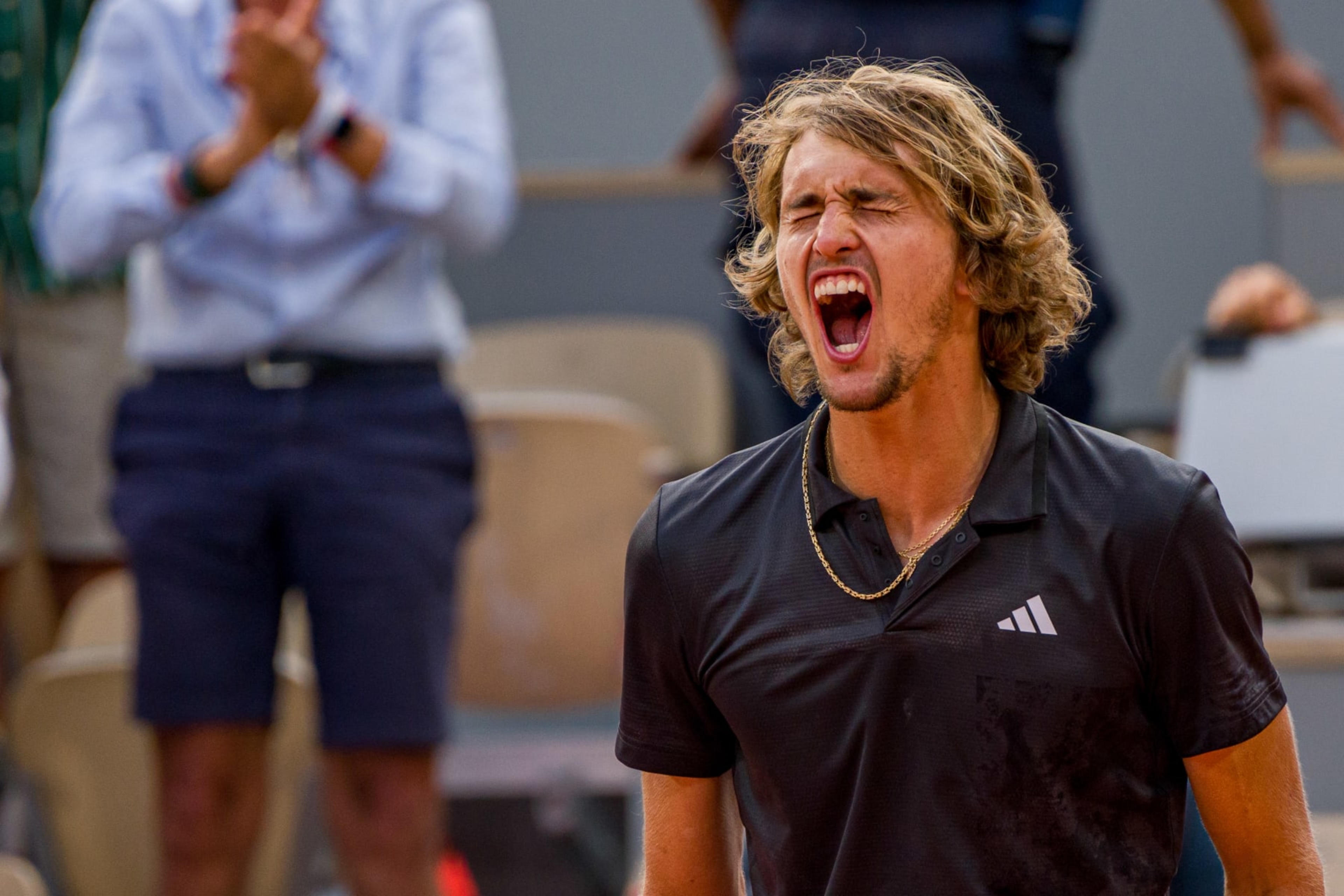 PARIS, FRANCE - JUNE 07: Alexander Zverev of Germany celebrates victory during the Men's Singles Quarter Final Round Match against Tomas Martin Etcheverry of Argentina during Day 11 of the French Open at Roland Garros on June 7, 2023 in Paris, France. (Photo by Andy Cheung/Getty Images)