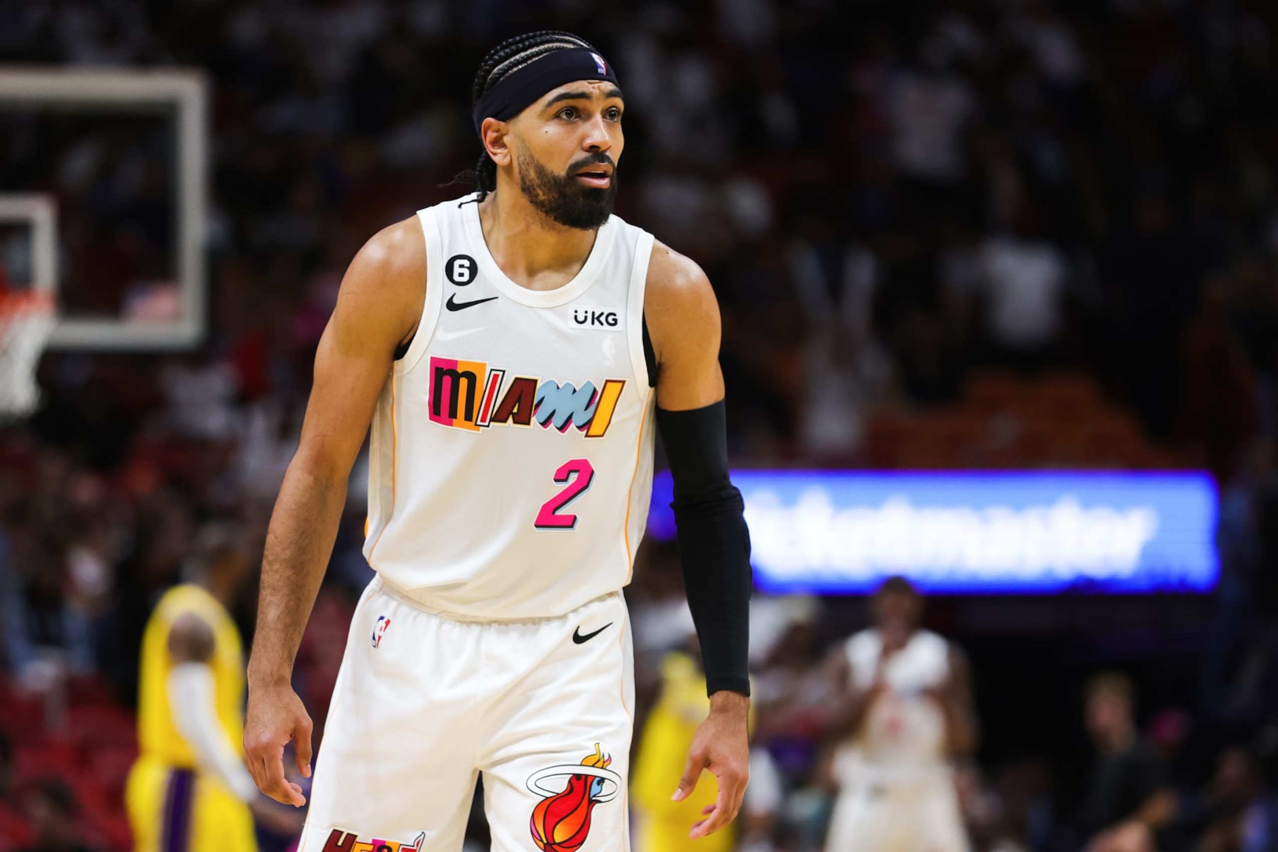 MIAMI, FLORIDA - DECEMBER 28: Gabe Vincent #2 of the Miami Heat looks on against the Los Angeles Lakers during the third quarter at FTX Arena on December 28, 2022 in Miami, Florida. NOTE TO USER: User expressly acknowledges and agrees that, by downloading and or using this photograph, User is consenting to the terms and conditions of the Getty Images License Agreement. (Photo by Megan Briggs/Getty Images)