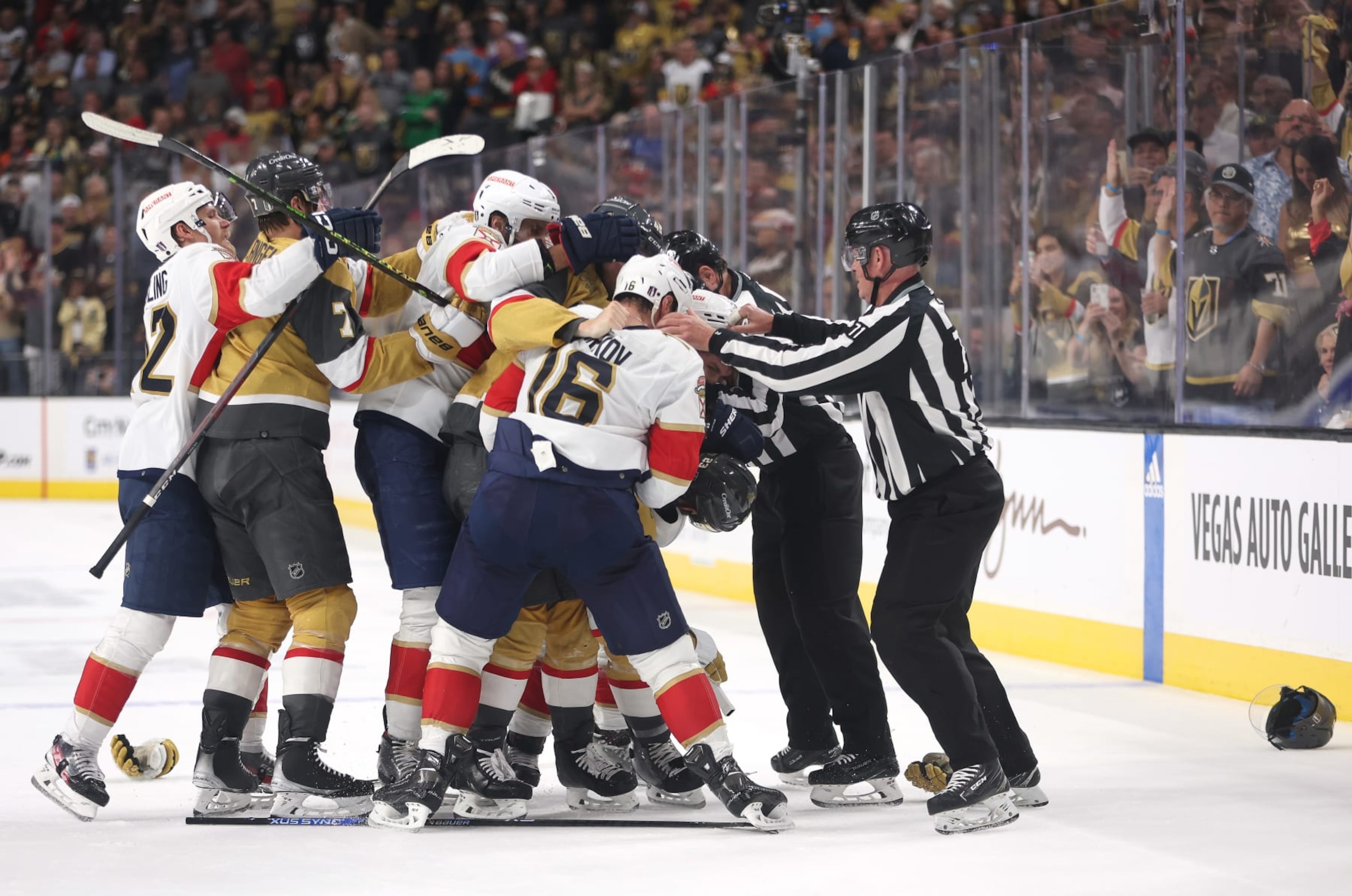 LAS VEGAS, NEVADA - JUNE 05:  The Vegas Golden Knights and Florida Panthers mix it up after a hit by Matthew Tkachuk #19 on Jack Eichel #9 during the second period in Game Two of the 2023 NHL Stanley Cup Final at T-Mobile Arena on June 05, 2023 in Las Vegas, Nevada. (Photo by Sean M. Haffey/Getty Images)