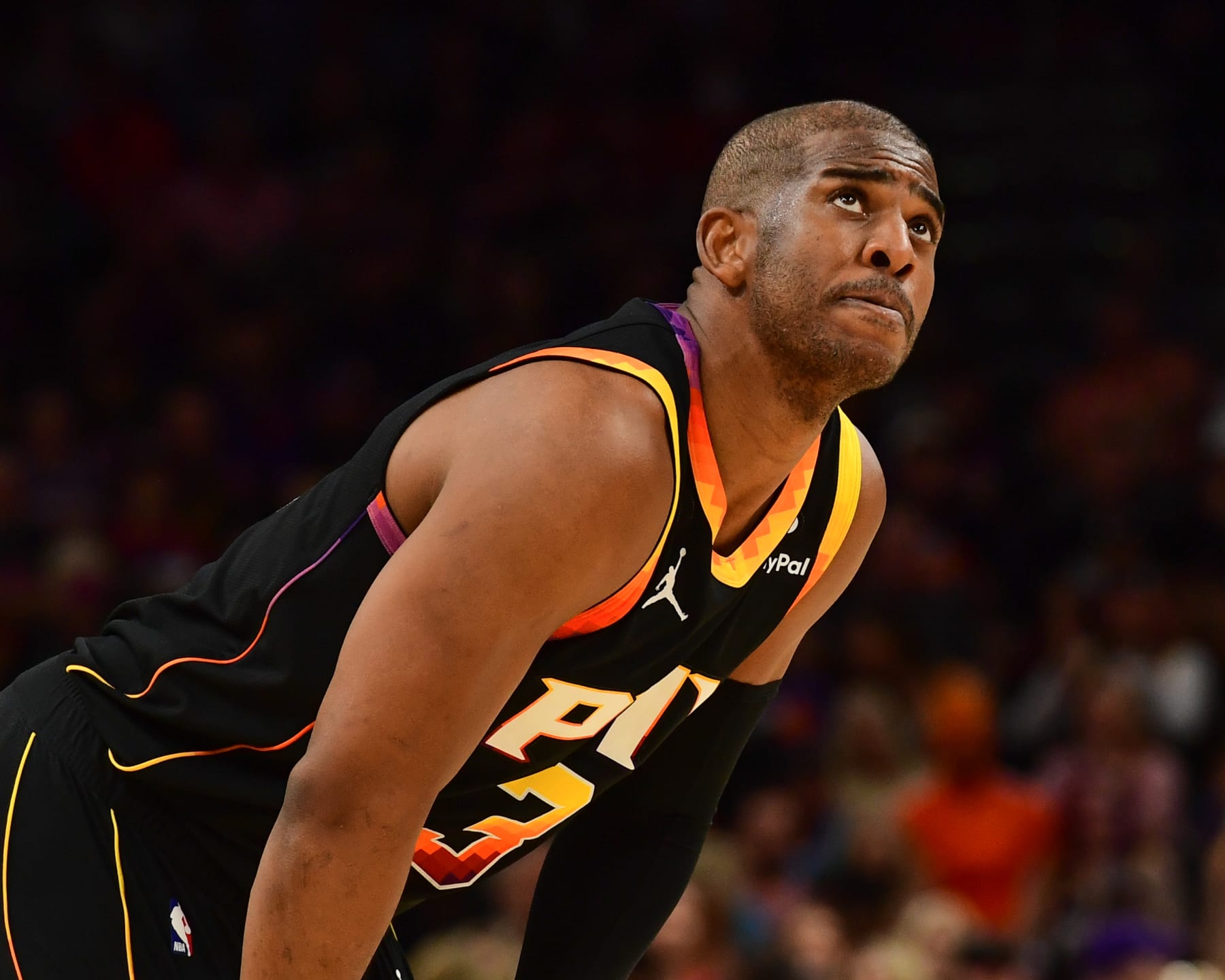 PHOENIX, AZ - APRIL 18:  Chris Paul #3 of the Phoenix Suns looks on during the game during round one game two of the 2023 NBA Playoffs on April 18, 2023 at Footprint Center in Phoenix, Arizona. NOTE TO USER: User expressly acknowledges and agrees that, by downloading and or using this photograph, user is consenting to the terms and conditions of the Getty Images License Agreement. Mandatory Copyright Notice: Copyright 2023 NBAE (Photo by Kate Frese/NBAE via Getty Images)