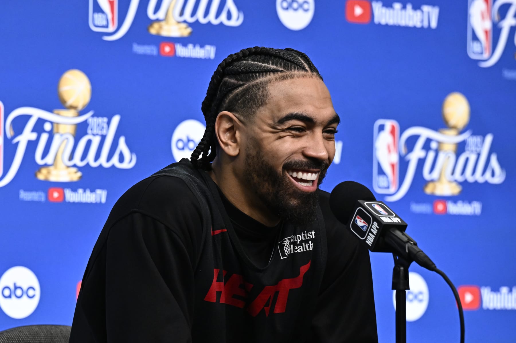 MIAMI, FL - JUNE 6: Gabe Vincent of the Miami Heat speaks to the media during 2023 NBA Finals Practice and Media Availability on June 6, 2023 at the Kaseya Center in Miami, Florida. NOTE TO USER: User expressly acknowledges and agrees that, by downloading and/or using this Photograph, user is consenting to the terms and conditions of the Getty Images License Agreement. Mandatory Copyright Notice: Copyright 2023 NBAE (Photo by David Dow/NBAE via Getty Images)