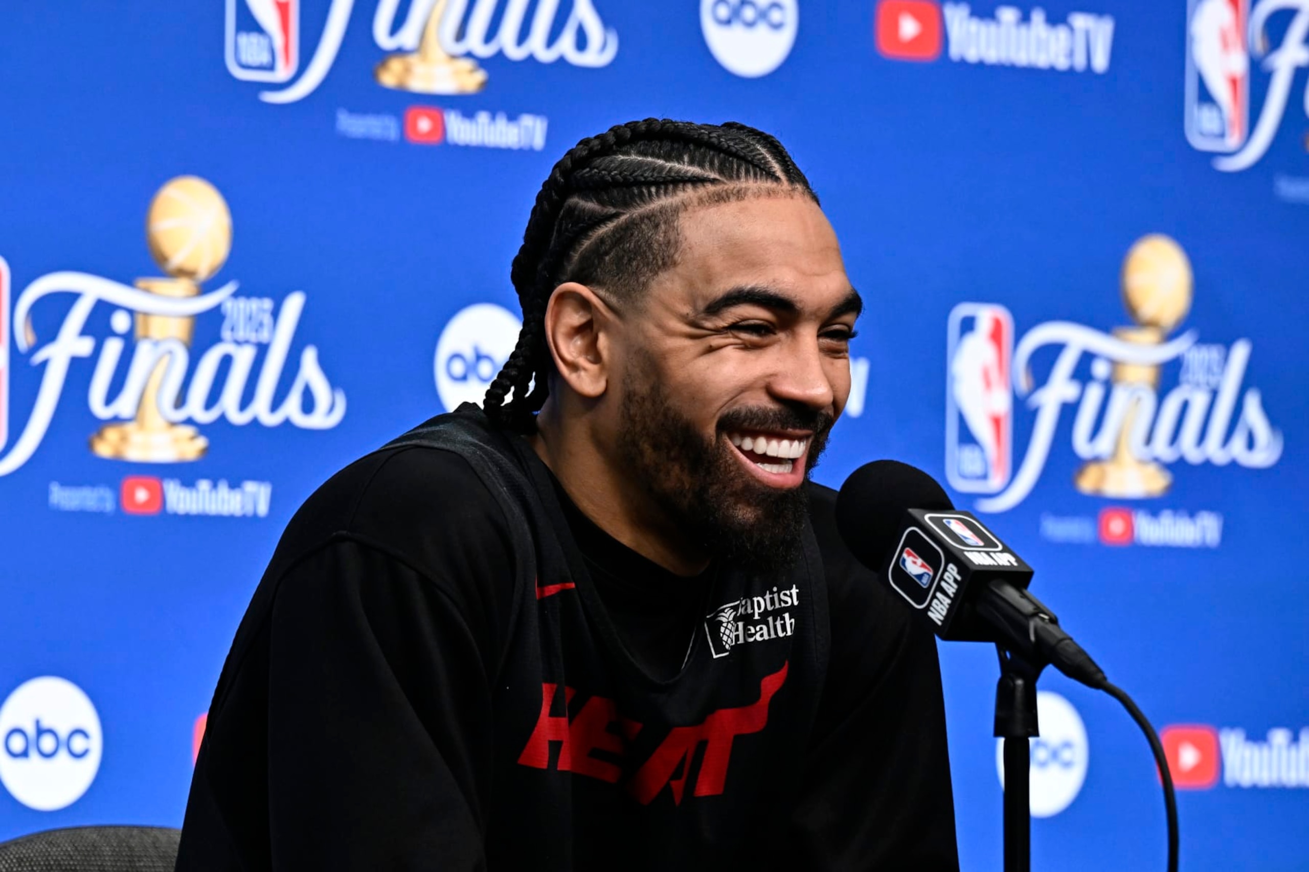 MIAMI, FL - JUNE 6: Gabe Vincent of the Miami Heat speaks to the media during 2023 NBA Finals Practice and Media Availability on June 6, 2023 at the Kaseya Center in Miami, Florida. NOTE TO USER: User expressly acknowledges and agrees that, by downloading and/or using this Photograph, user is consenting to the terms and conditions of the Getty Images License Agreement. Mandatory Copyright Notice: Copyright 2023 NBAE (Photo by David Dow/NBAE via Getty Images)
