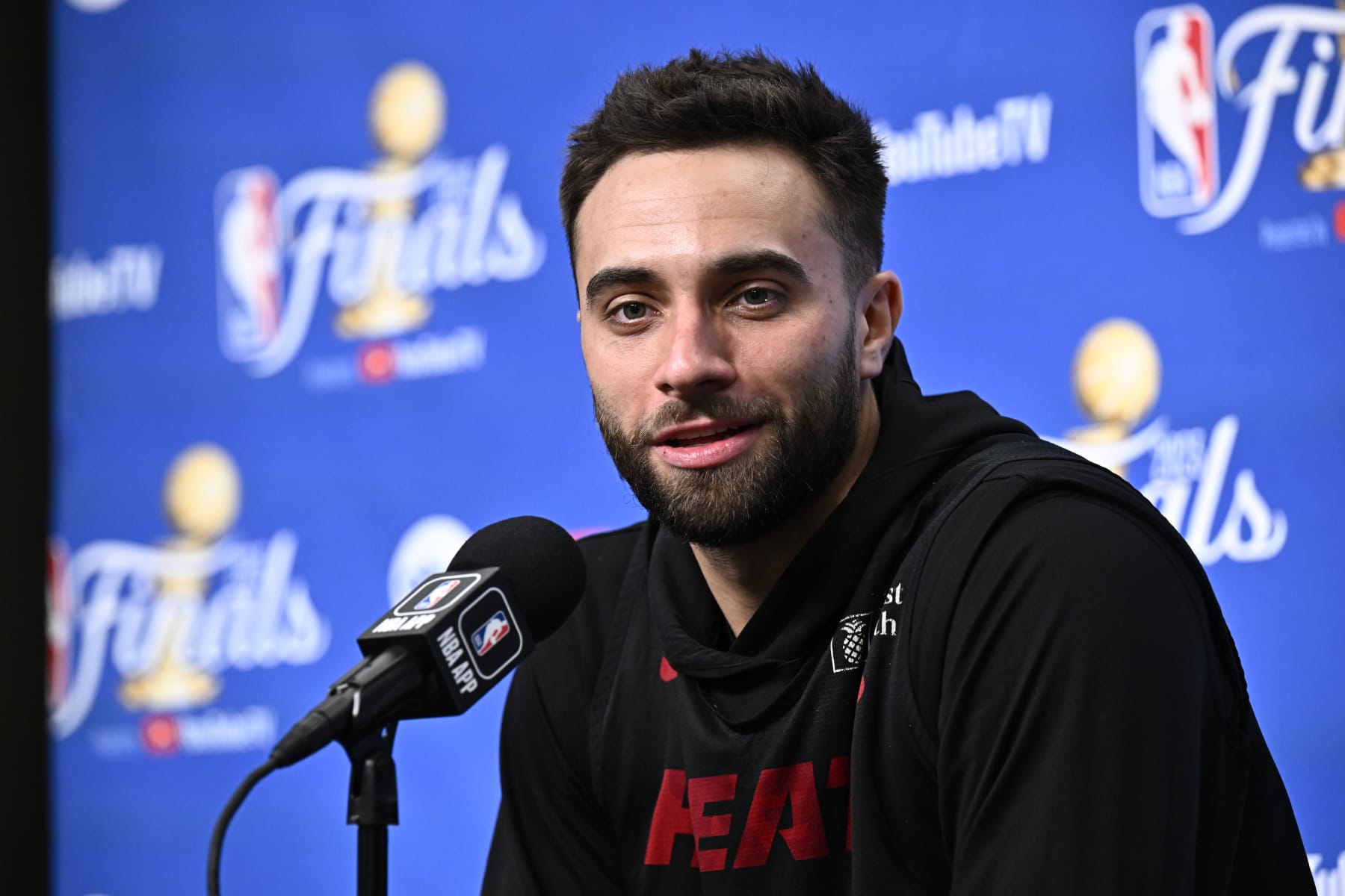 MIAMI, FL - JUNE 6: Max Strus of the Miami Heat speaks to the media during 2023 NBA Finals Practice and Media Availability on June 6, 2023 at the Kaseya Center in Miami, Florida. NOTE TO USER: User expressly acknowledges and agrees that, by downloading and/or using this Photograph, user is consenting to the terms and conditions of the Getty Images License Agreement. Mandatory Copyright Notice: Copyright 2023 NBAE (Photo by David Dow/NBAE via Getty Images)