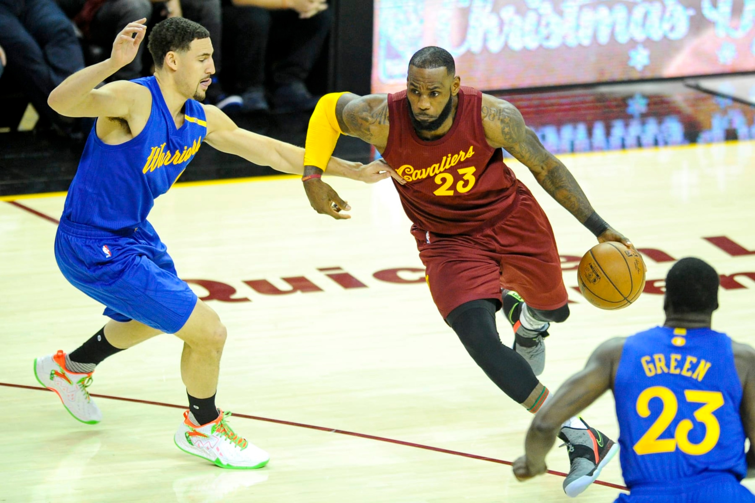 CLEVELAND, OH - DECEMBER 25, 2016: LeBron James #23 of the Cleveland Cavaliers drives to the basket against Klay Thompson #11 of the Golden State Warriors in the first half of a game at Quicken Loans Arena on December 25, 2016 in Cleveland, Ohio. (Photo by: 2016 Nick Cammett/Diamond Images via Getty Images)