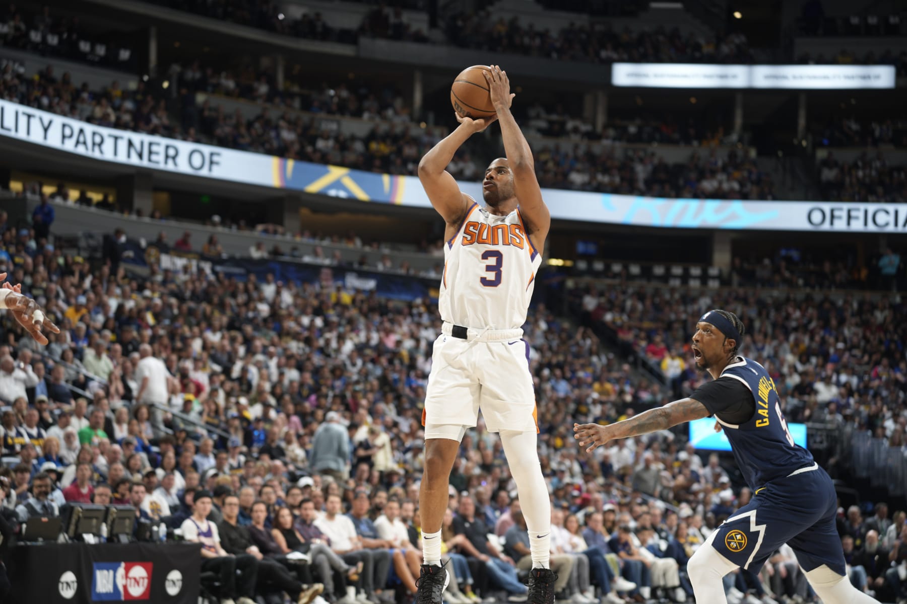 Phoenix Suns guard Chris Paul (3) in the second half of Game 2 of an NBA second-round playoff series Monday, May 1, 2023, in Denver. (AP Photo/David Zalubowski)