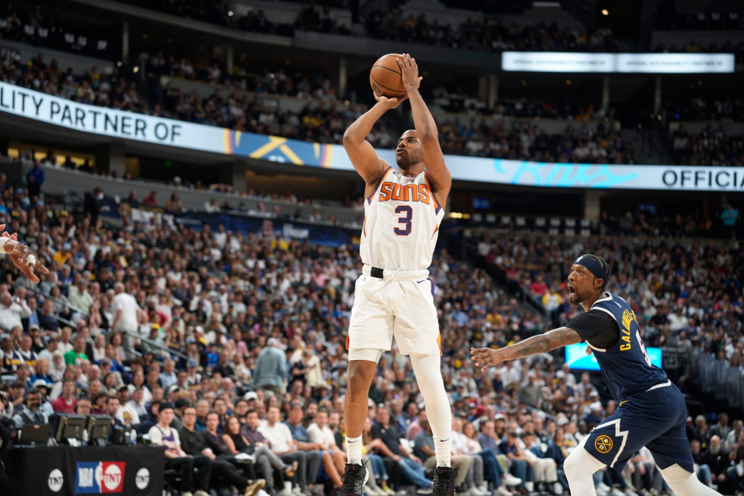 Phoenix Suns guard Chris Paul (3) in the second half of Game 2 of an NBA second-round playoff series Monday, May 1, 2023, in Denver. (AP Photo/David Zalubowski)