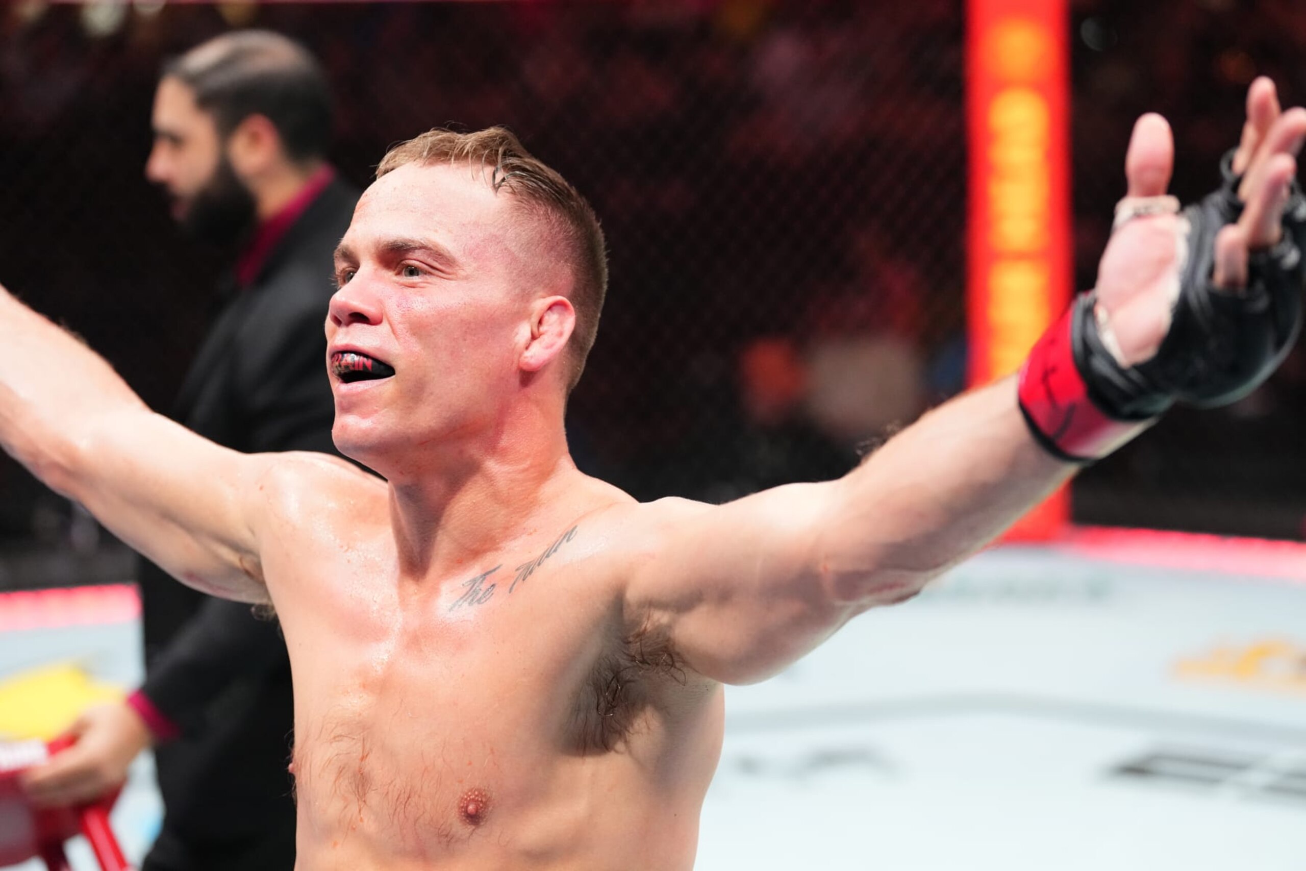 SAN ANTONIO, TEXAS - MARCH 25: Nate Landwehr reacts after his submission victory over Austin Lingo in a featherweight fight during the UFC Fight Night event at AT&T Center on March 25, 2023 in San Antonio, Texas. (Photo by Josh Hedges/Zuffa LLC via Getty Images)
