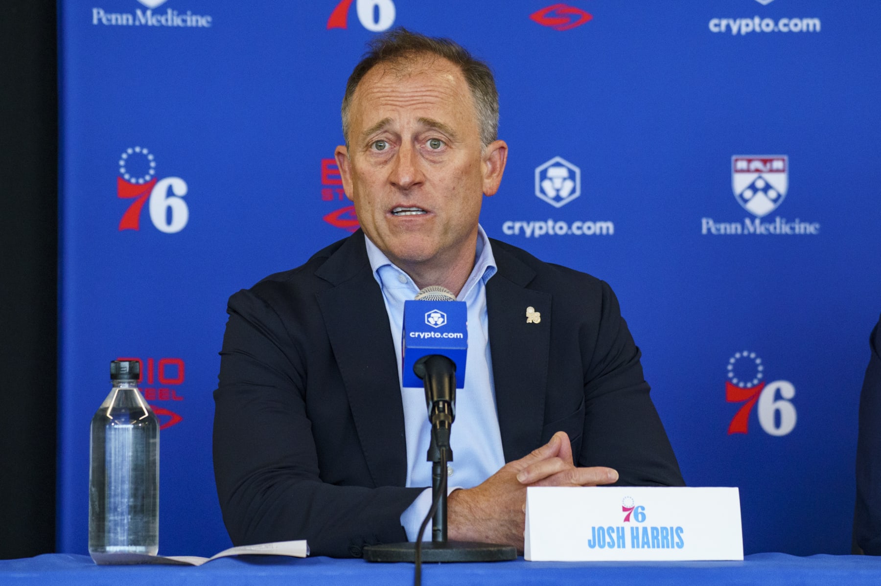 Philadelphia 76ers owner Josh Harris takes questions from the media during a press conference at the NBA basketball team's facility, Thursday, June 1, 2023, in Camden, N.J. (AP Photo/Chris Szagola)
