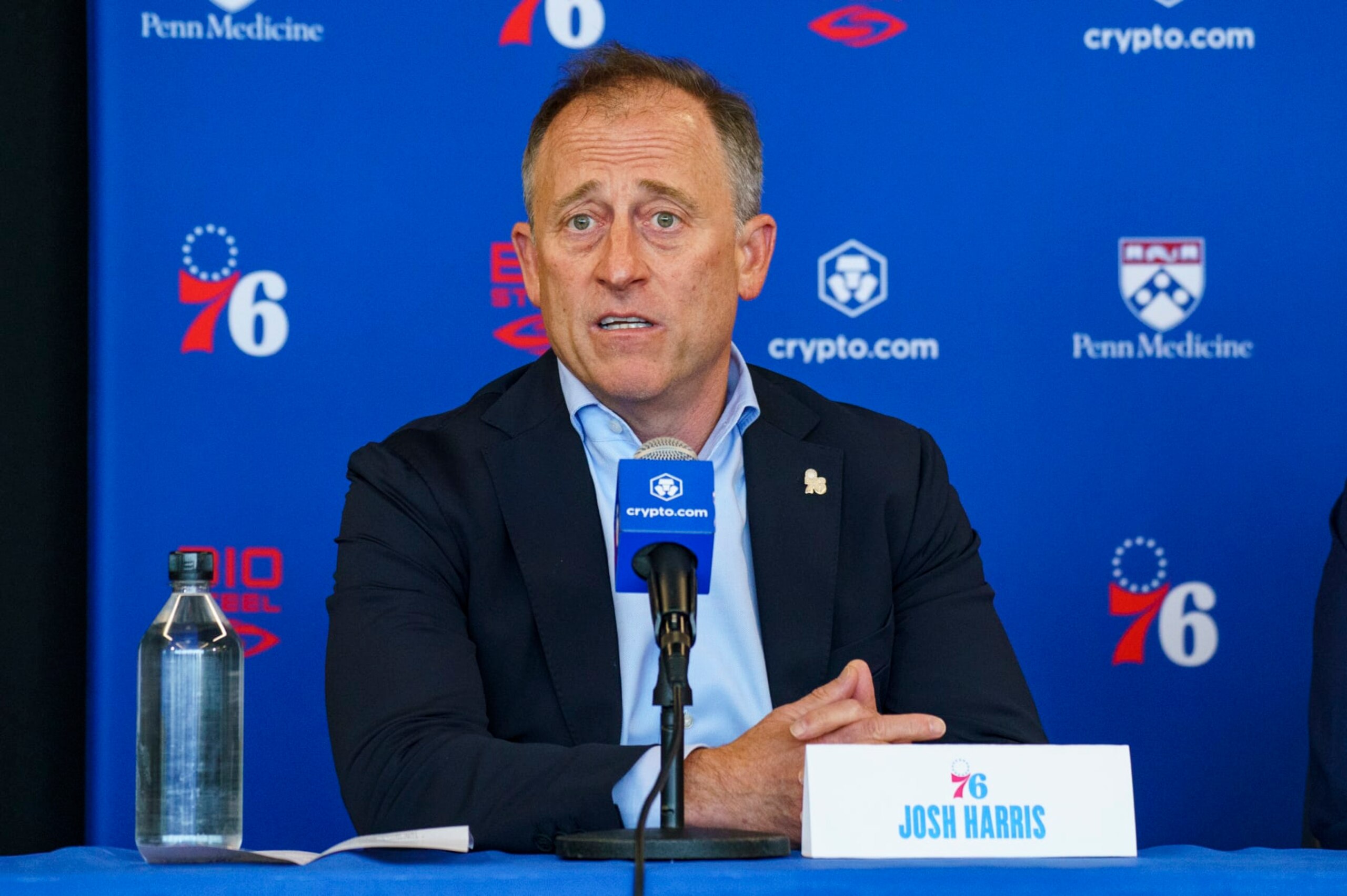 Philadelphia 76ers owner Josh Harris takes questions from the media during a press conference at the NBA basketball team's facility, Thursday, June 1, 2023, in Camden, N.J. (AP Photo/Chris Szagola)