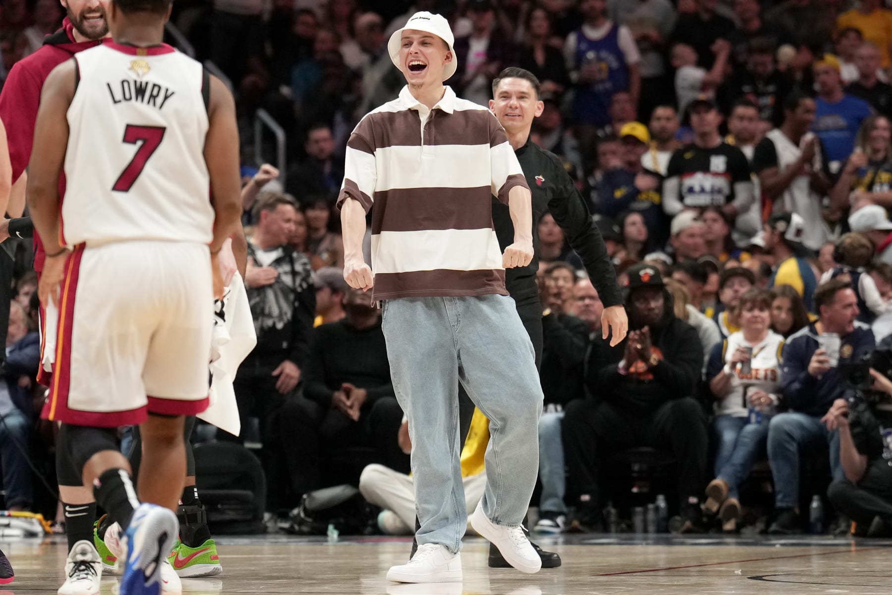 DENVER, CO - JUNE 4: Tyler Herro #14 of the Miami Heat celebrates a play during Game Two of the 2023 NBA Finals against the Denver Nuggets on June 4, 2023 at the Ball Arena in Denver, Colorado. NOTE TO USER: User expressly acknowledges and agrees that, by downloading and/or using this Photograph, user is consenting to the terms and conditions of the Getty Images License Agreement. Mandatory Copyright Notice: Copyright 2023 NBAE (Photo by Jesse D. Garrabrant/NBAE via Getty Images)