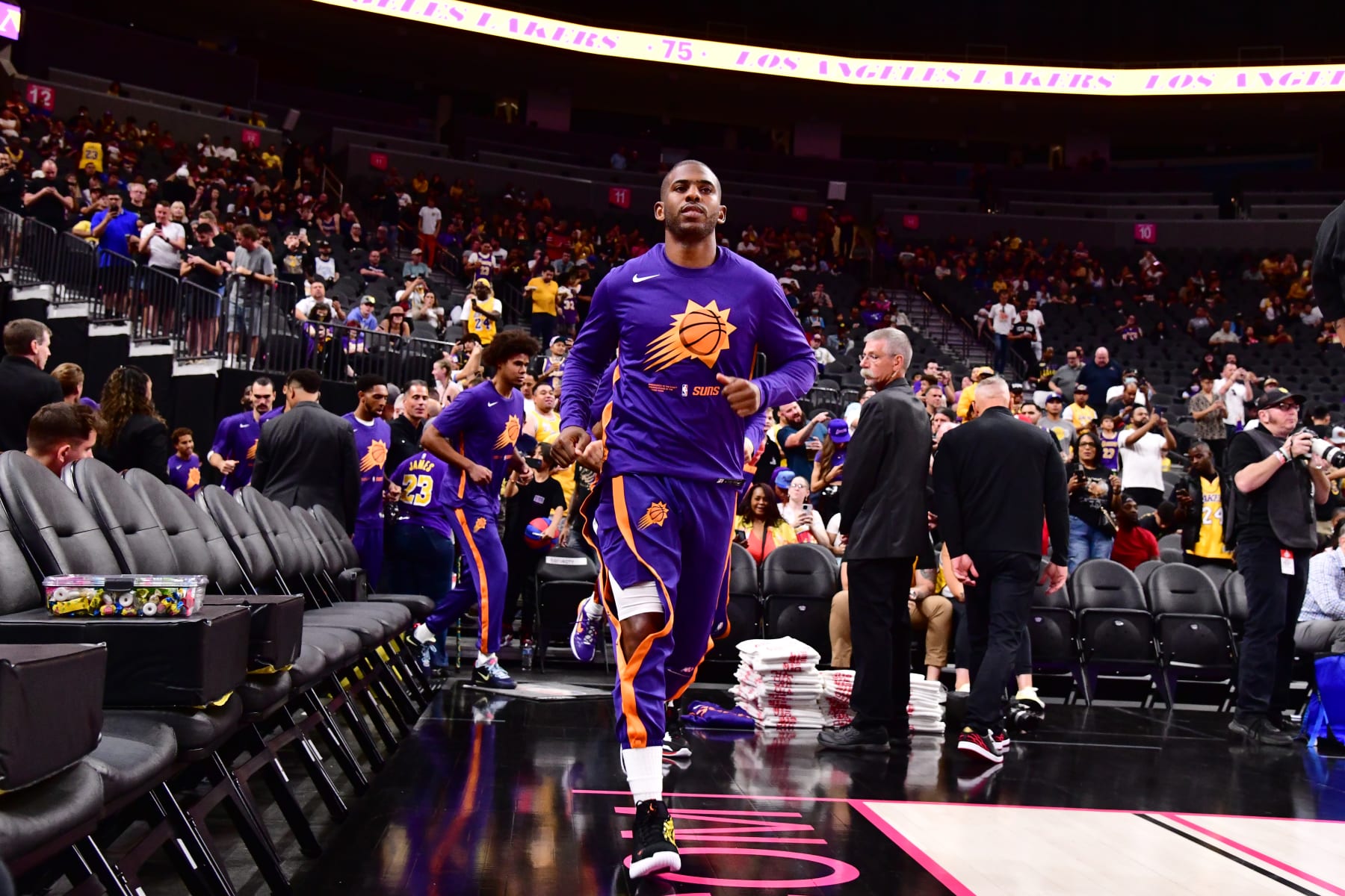 LAS VEGAS, NV - OCTOBER 5: Chris Paul #3 of the Phoenix Suns runs on to the court before a preseason game against the Los Angeles Lakers on October 5, 2022 at T-Mobile Arena, Las Vegas, NV. NOTE TO USER: User expressly acknowledges and agrees that, by downloading and or using this photograph, user is consenting to the terms and conditions of the Getty Images License Agreement. Mandatory Copyright Notice: Copyright 2022 NBAE (Photo by Barry Gossage/NBAE via Getty Images)
