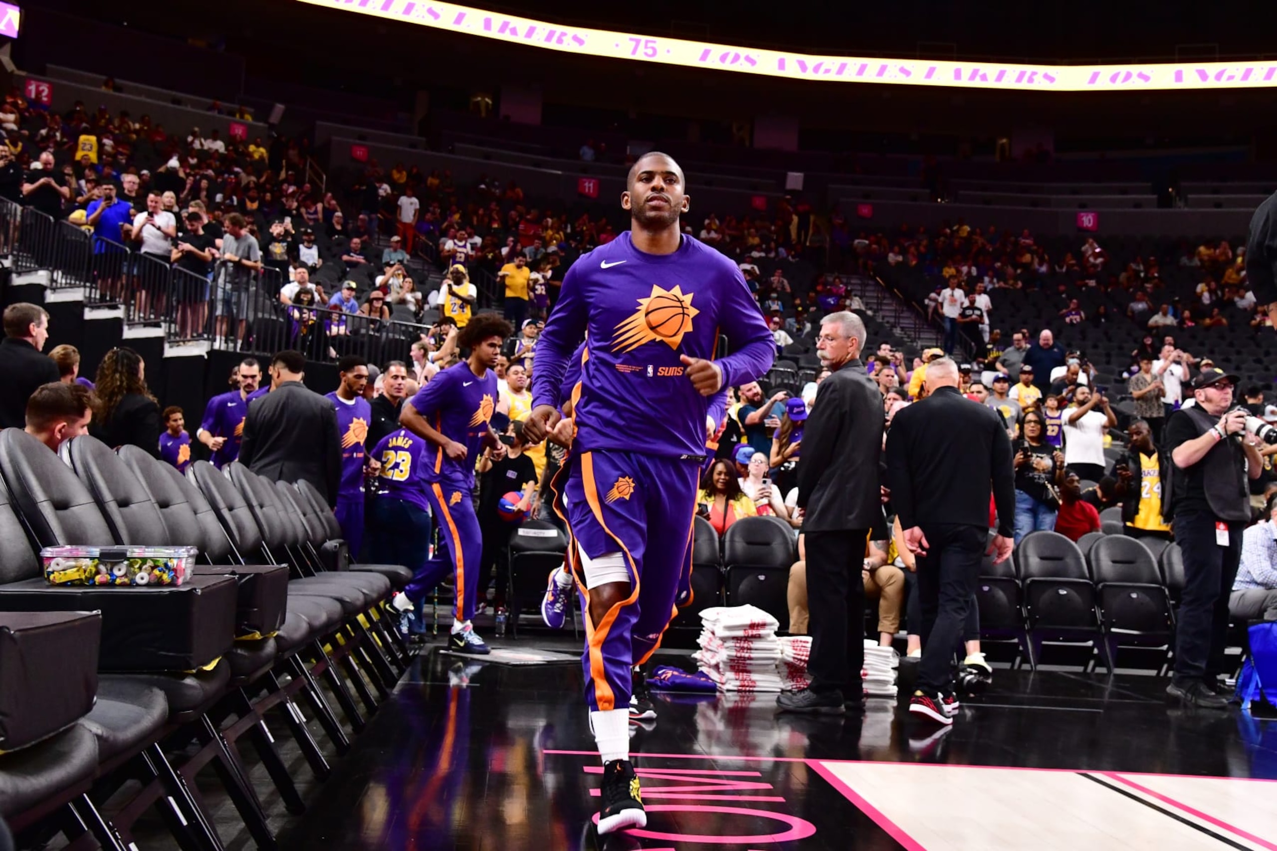 LAS VEGAS, NV - OCTOBER 5: Chris Paul #3 of the Phoenix Suns runs on to the court before a preseason game against the Los Angeles Lakers on October 5, 2022 at T-Mobile Arena, Las Vegas, NV. NOTE TO USER: User expressly acknowledges and agrees that, by downloading and or using this photograph, user is consenting to the terms and conditions of the Getty Images License Agreement. Mandatory Copyright Notice: Copyright 2022 NBAE (Photo by Barry Gossage/NBAE via Getty Images)