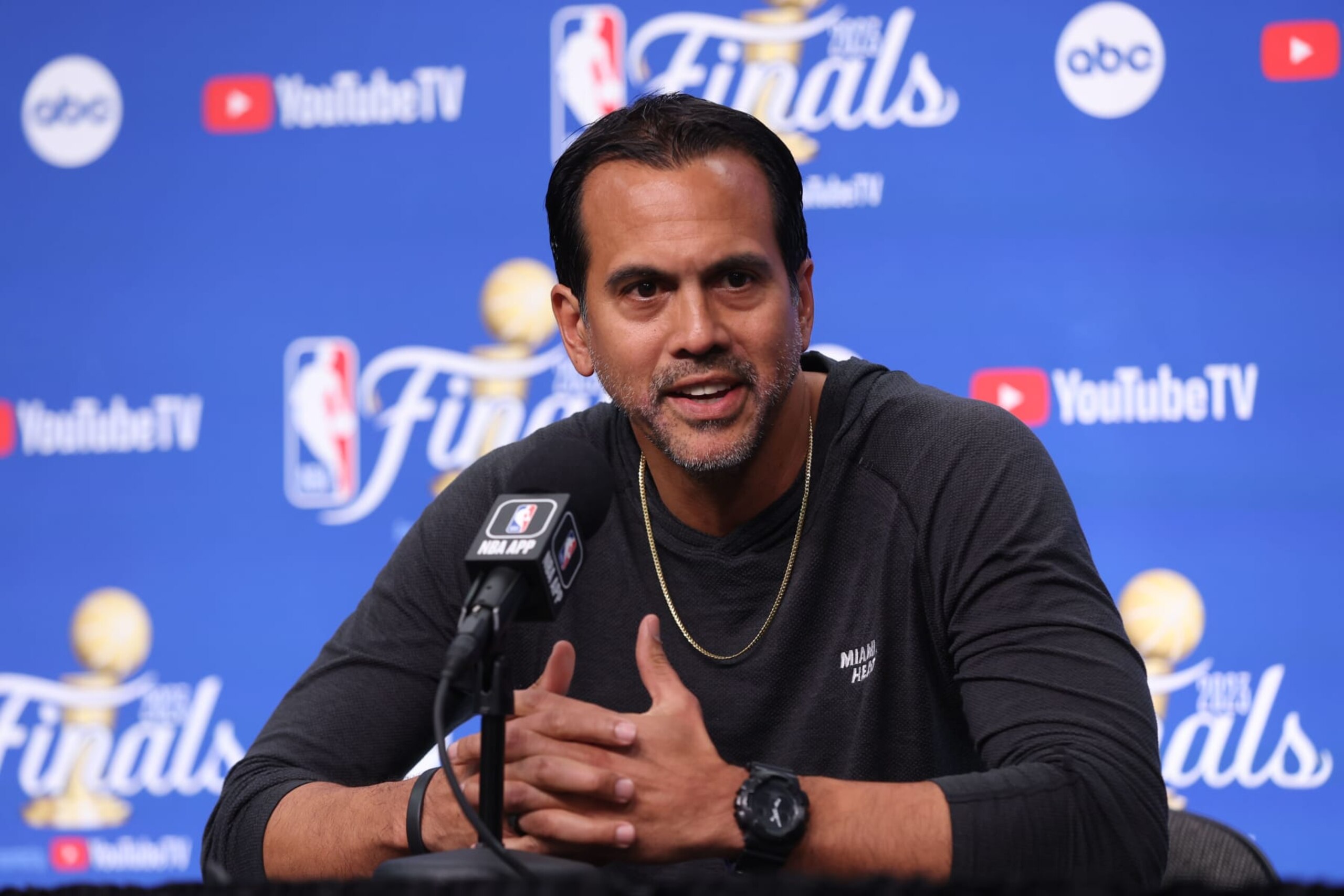 MIAMI, FL - JUNE 7: Head Coach Erik Spoelstra of the Miami Heat talks to the media before the game against the Denver Nuggets during Game Three of the 2023 NBA Finals on June 7, 2023 at Kaseya Center in Miami, Florida. NOTE TO USER: User expressly acknowledges and agrees that, by downloading and or using this Photograph, user is consenting to the terms and conditions of the Getty Images License Agreement. Mandatory Copyright Notice: Copyright 2023 NBAE (Photo by Joe Murphy/NBAE via Getty Images)