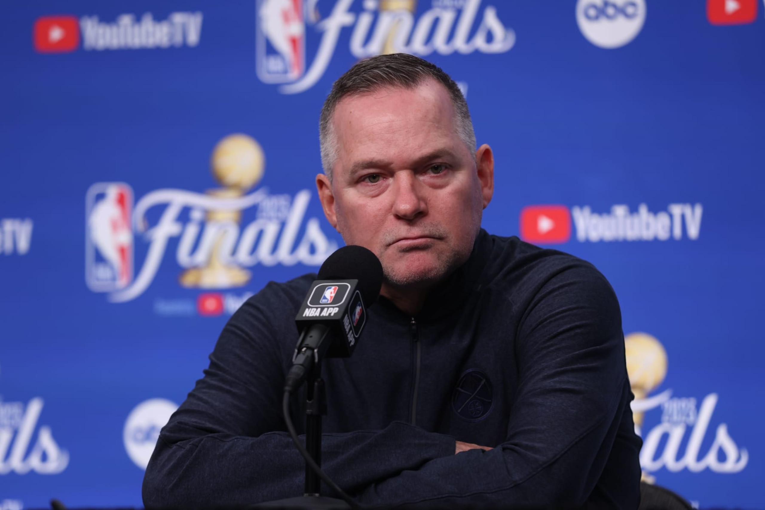 MIAMI, FL - JUNE 7: Head Coach Michael Malone of the Denver Nuggets talks to the media before the game against the Miami Heat during Game Three of the 2023 NBA Finals on June 7, 2023 at Kaseya Center in Miami, Florida. NOTE TO USER: User expressly acknowledges and agrees that, by downloading and or using this Photograph, user is consenting to the terms and conditions of the Getty Images License Agreement. Mandatory Copyright Notice: Copyright 2023 NBAE (Photo by Joe Murphy/NBAE via Getty Images)