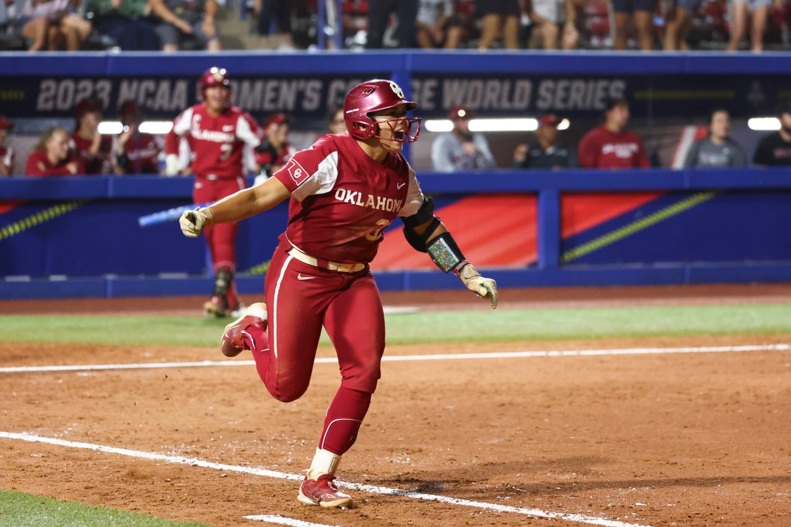 OKLAHOMA CITY, OK - JUNE 07: Alyssa Brito #33 of the Oklahoma Sooners reacts as she runs for first during the Division I Women's Softball Championship against the Florida State Seminoles held at USA Softball Hall of Fame Stadium on June 7, 2023 in Oklahoma City, Oklahoma. (Photo by Justin Tafoya/NCAA Photos via Getty Images)