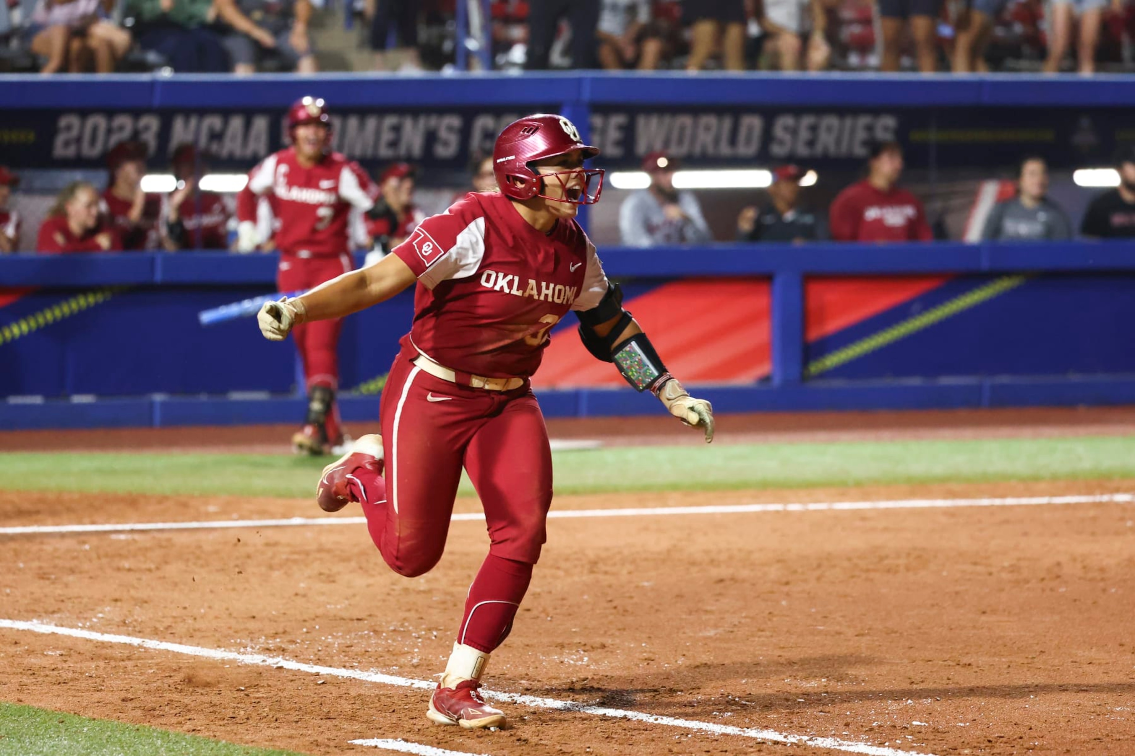 OKLAHOMA CITY, OK - JUNE 07: Alyssa Brito #33 of the Oklahoma Sooners reacts as she runs for first during the Division I Women's Softball Championship against the Florida State Seminoles held at USA Softball Hall of Fame Stadium on June 7, 2023 in Oklahoma City, Oklahoma. (Photo by Justin Tafoya/NCAA Photos via Getty Images)